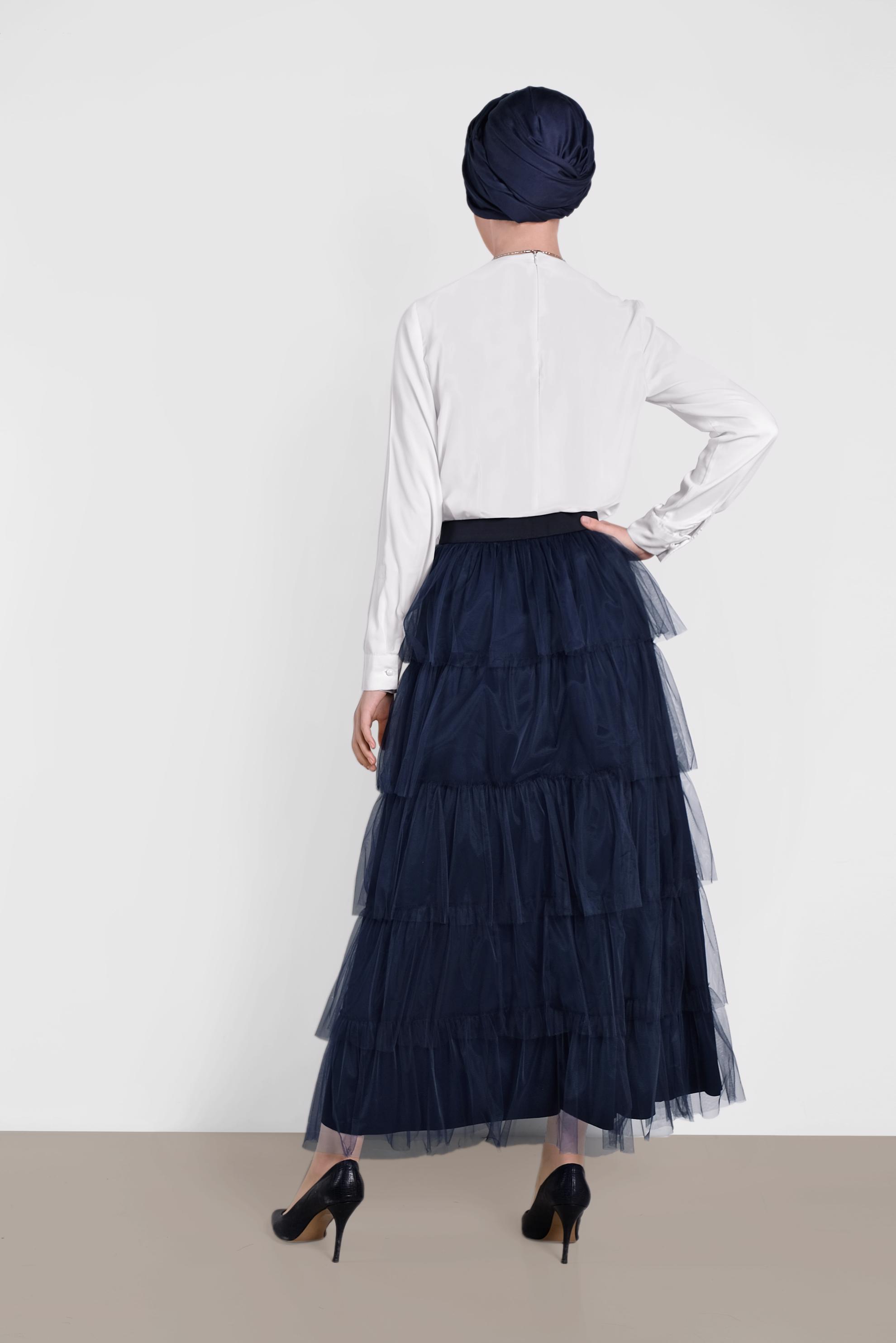 Tesettür giyim LACİVERT BELİ LASTİKLİ KAT KAT TÜL ETEK 6353