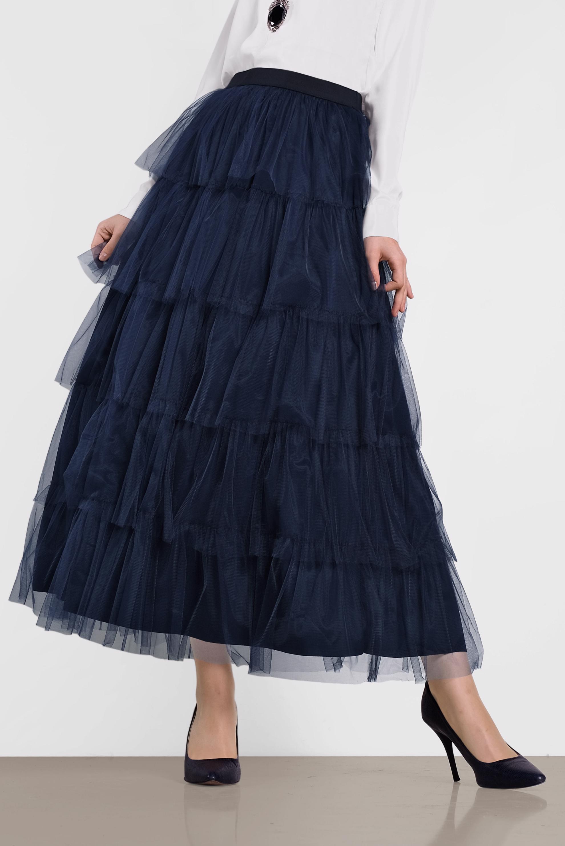 Tesettür giyim LACİVERT BELİ LASTİKLİ KAT KAT TÜL ETEK 6353