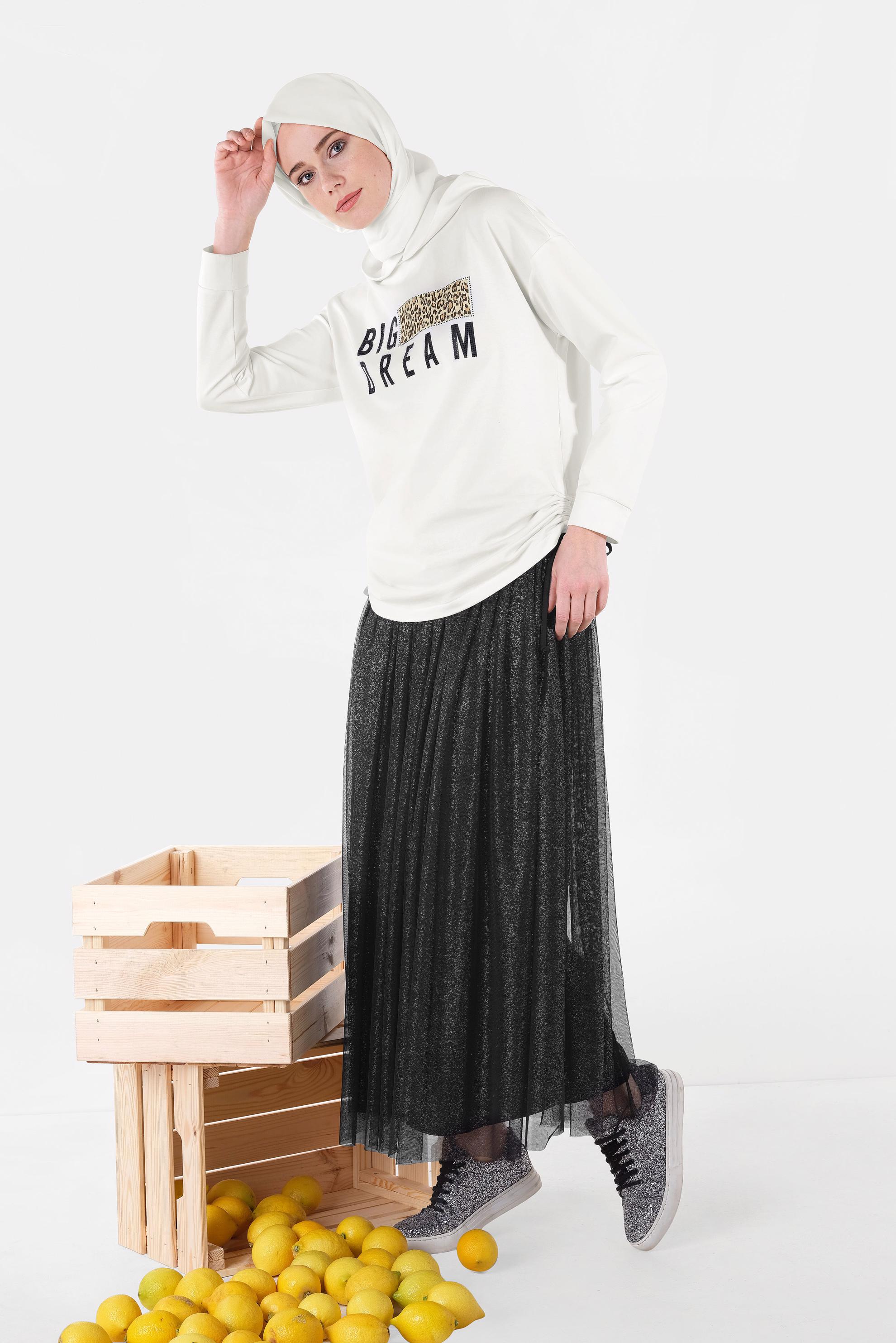 Tesettür giyim SİYAH SİMLİ BELİ LASTİKLİ ETEK 6355