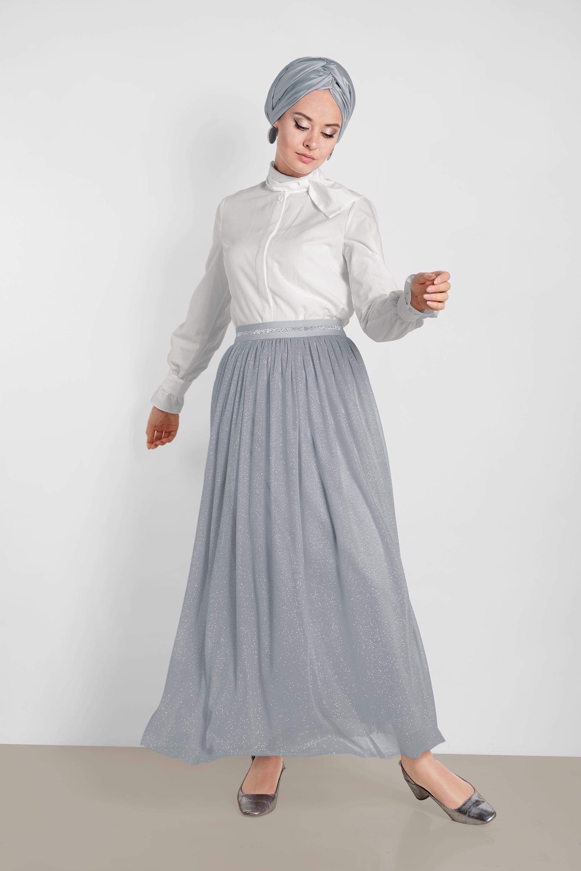 Tesettür giyim GRİ SİMLİ BELİ LASTİKLİ ETEK 6355