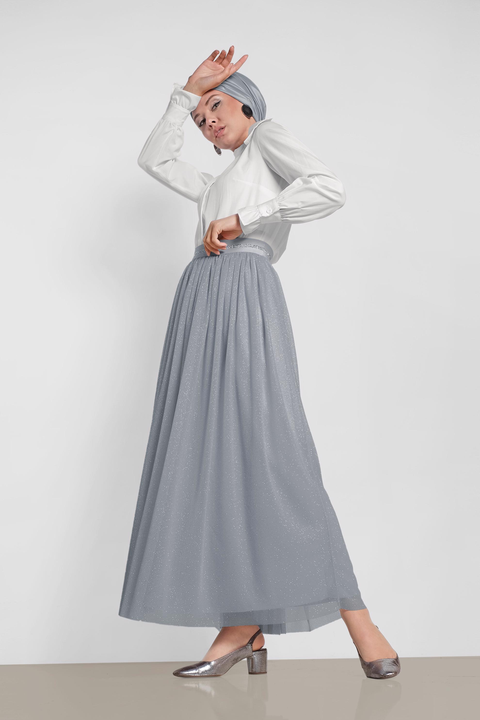 Tesettür giyim GRİ SİMLİ BELİ LASTİKLİ ETEK 6355