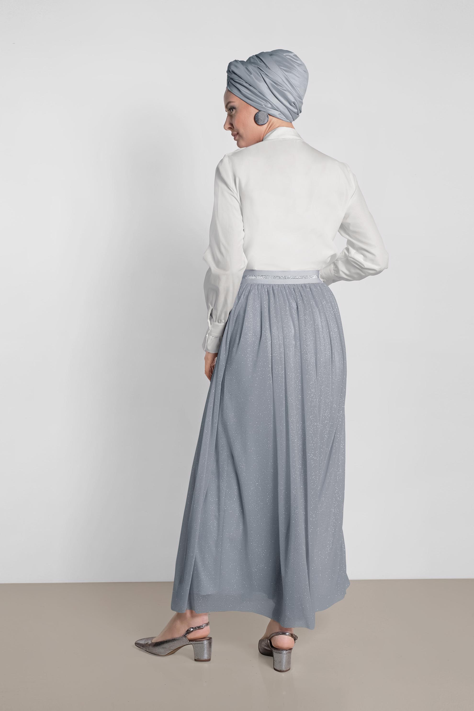 Tesettür giyim GRİ SİMLİ BELİ LASTİKLİ ETEK 6355