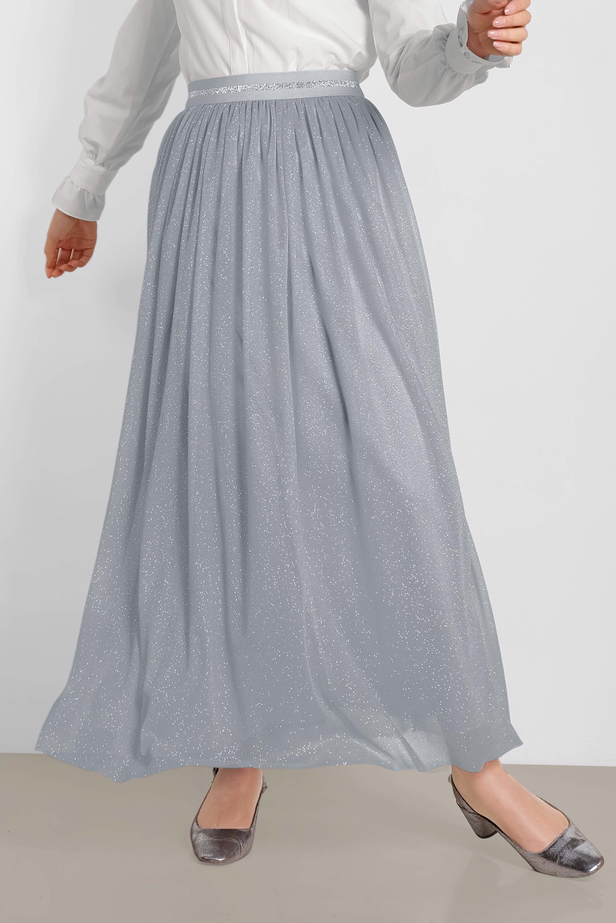 Tesettür giyim GRİ SİMLİ BELİ LASTİKLİ ETEK 6355