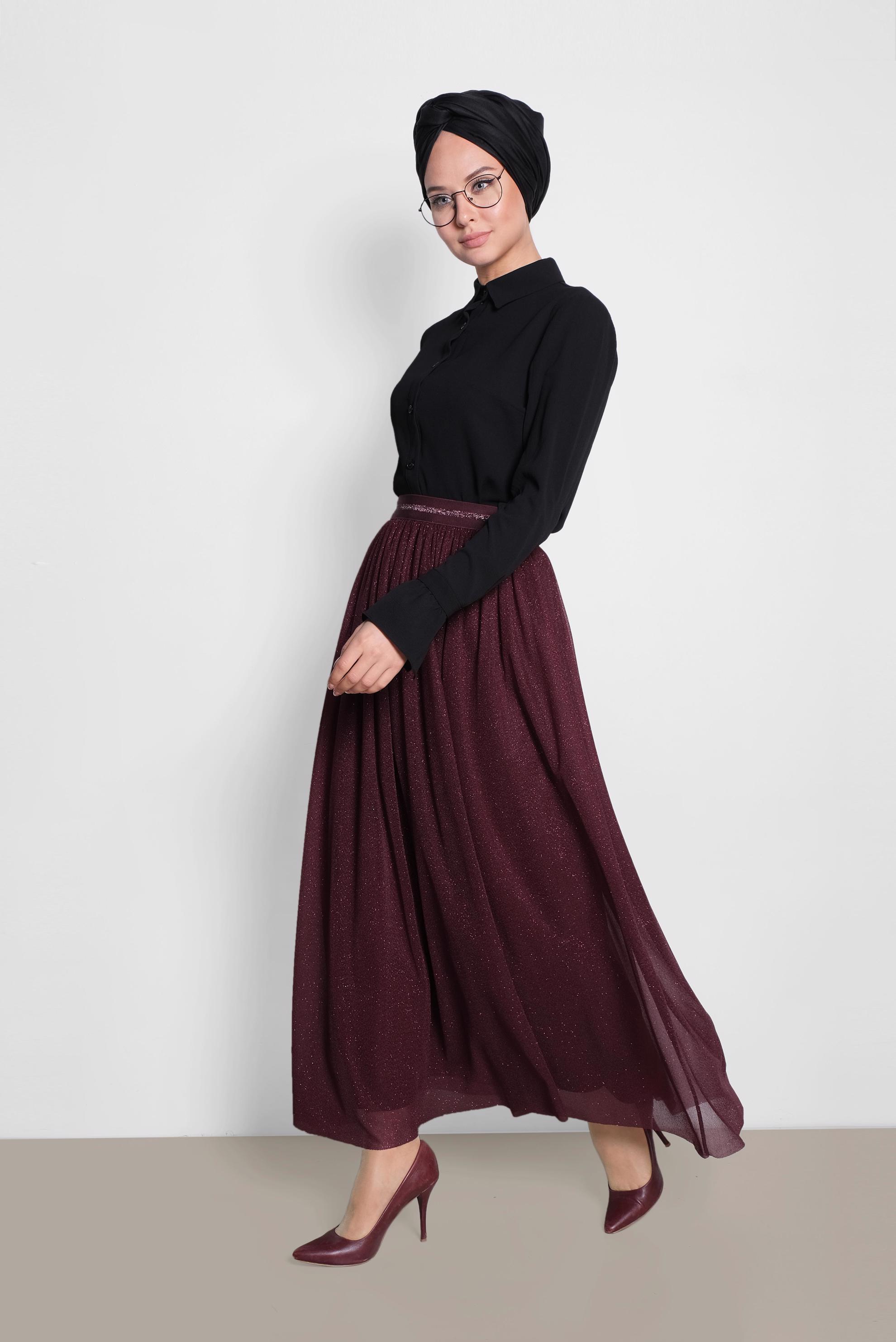 Tesettür giyim BORDO SİMLİ BELİ LASTİKLİ ETEK 6355