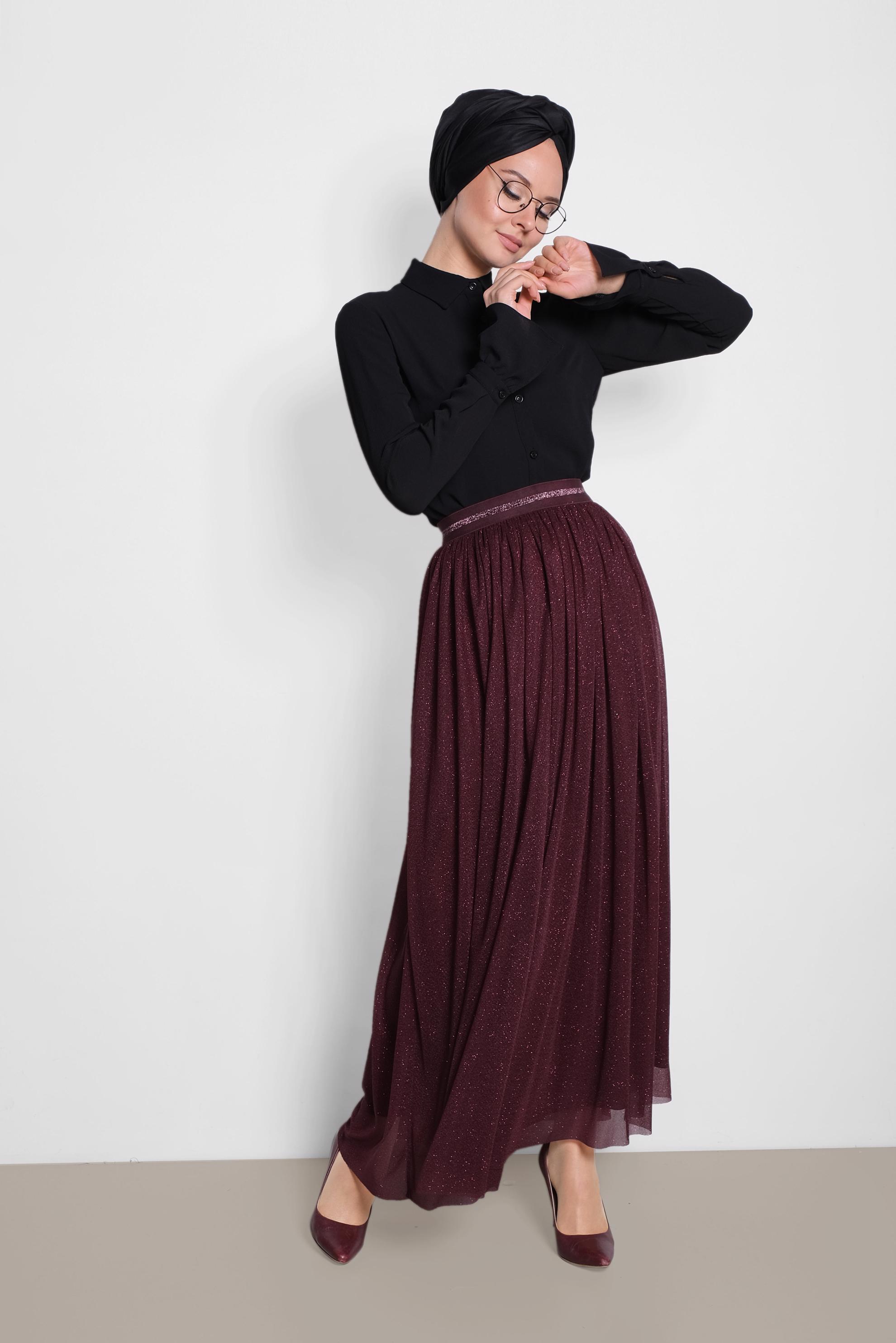 Tesettür giyim BORDO SİMLİ BELİ LASTİKLİ ETEK 6355