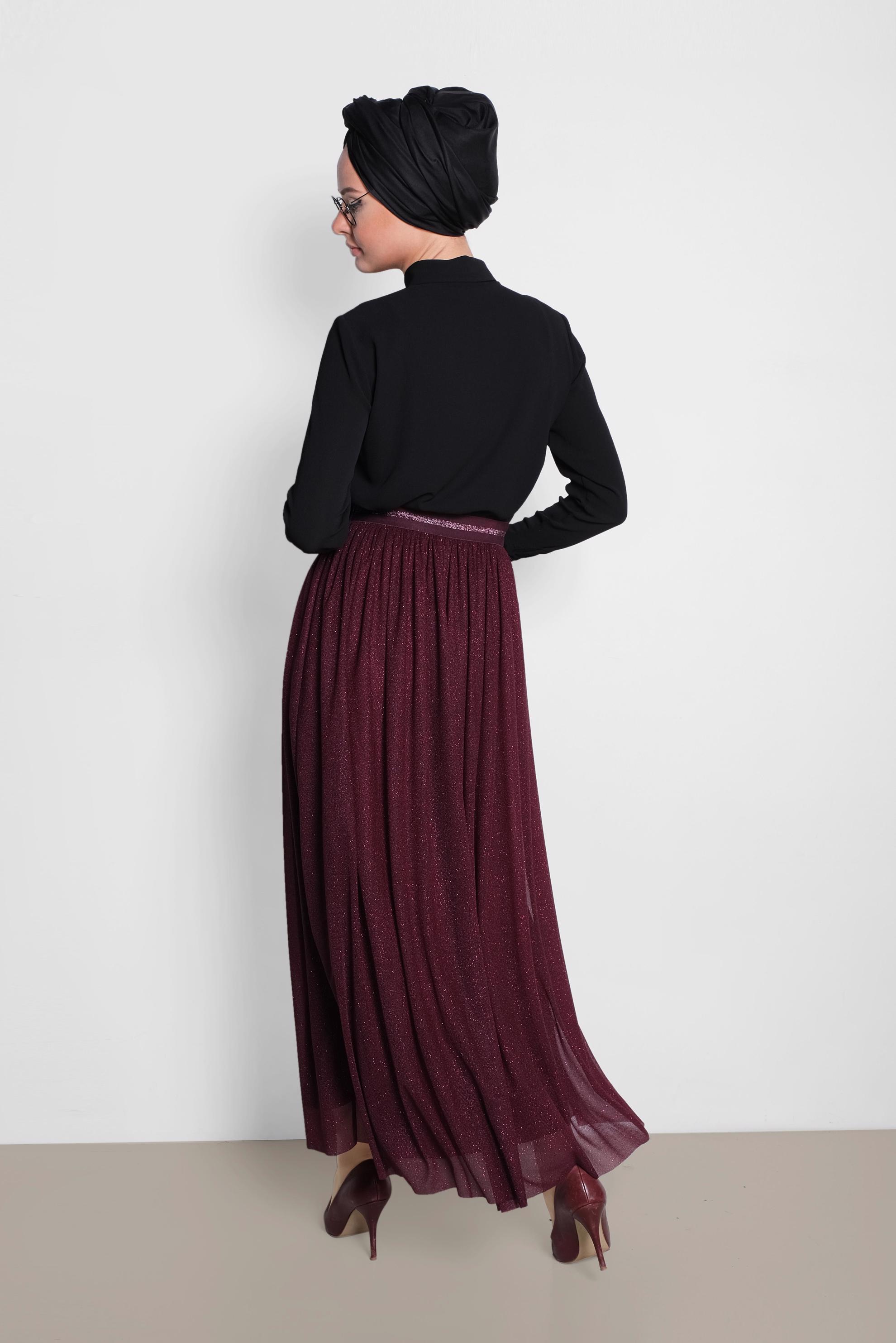 Tesettür giyim BORDO SİMLİ BELİ LASTİKLİ ETEK 6355