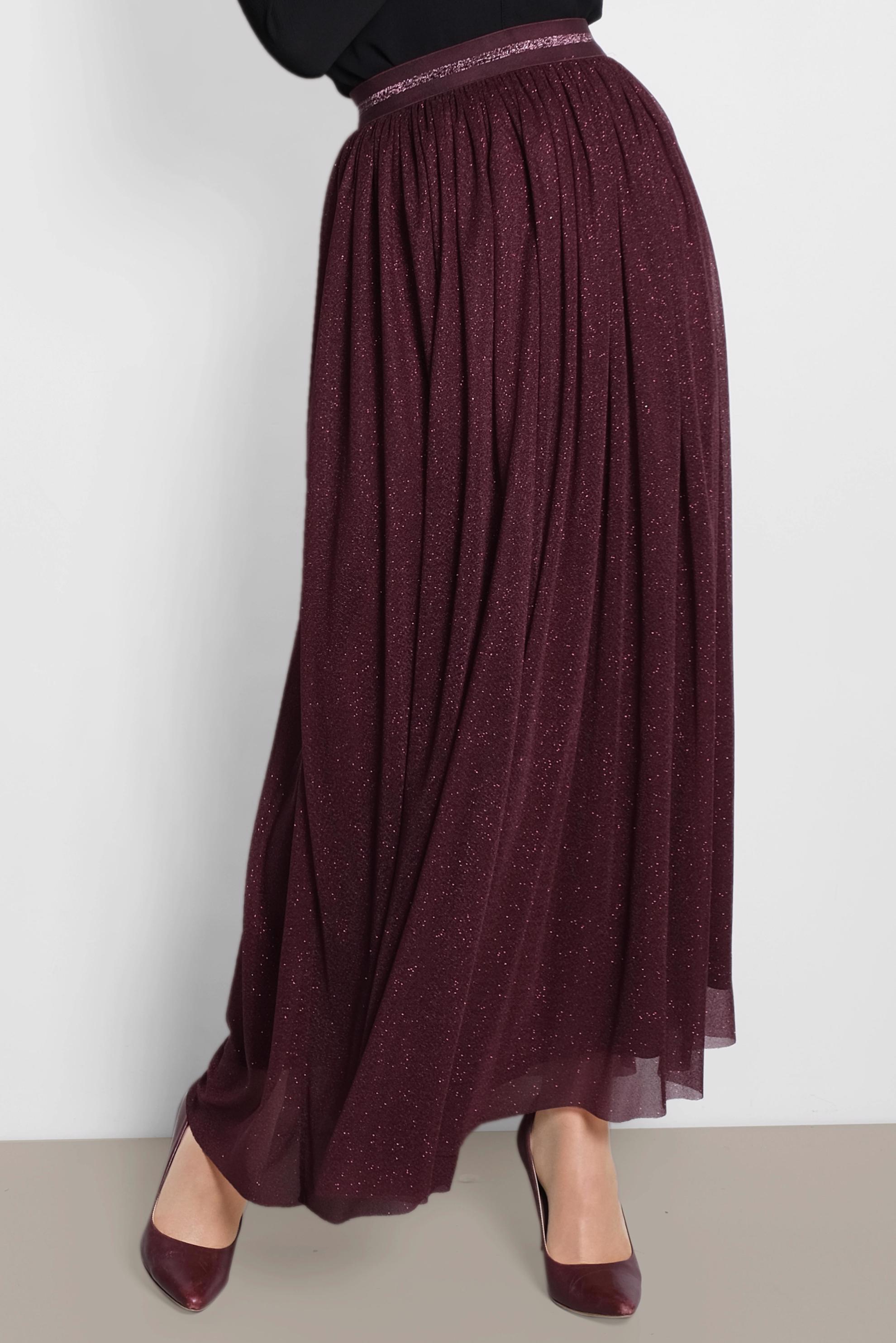 Tesettür giyim BORDO SİMLİ BELİ LASTİKLİ ETEK 6355