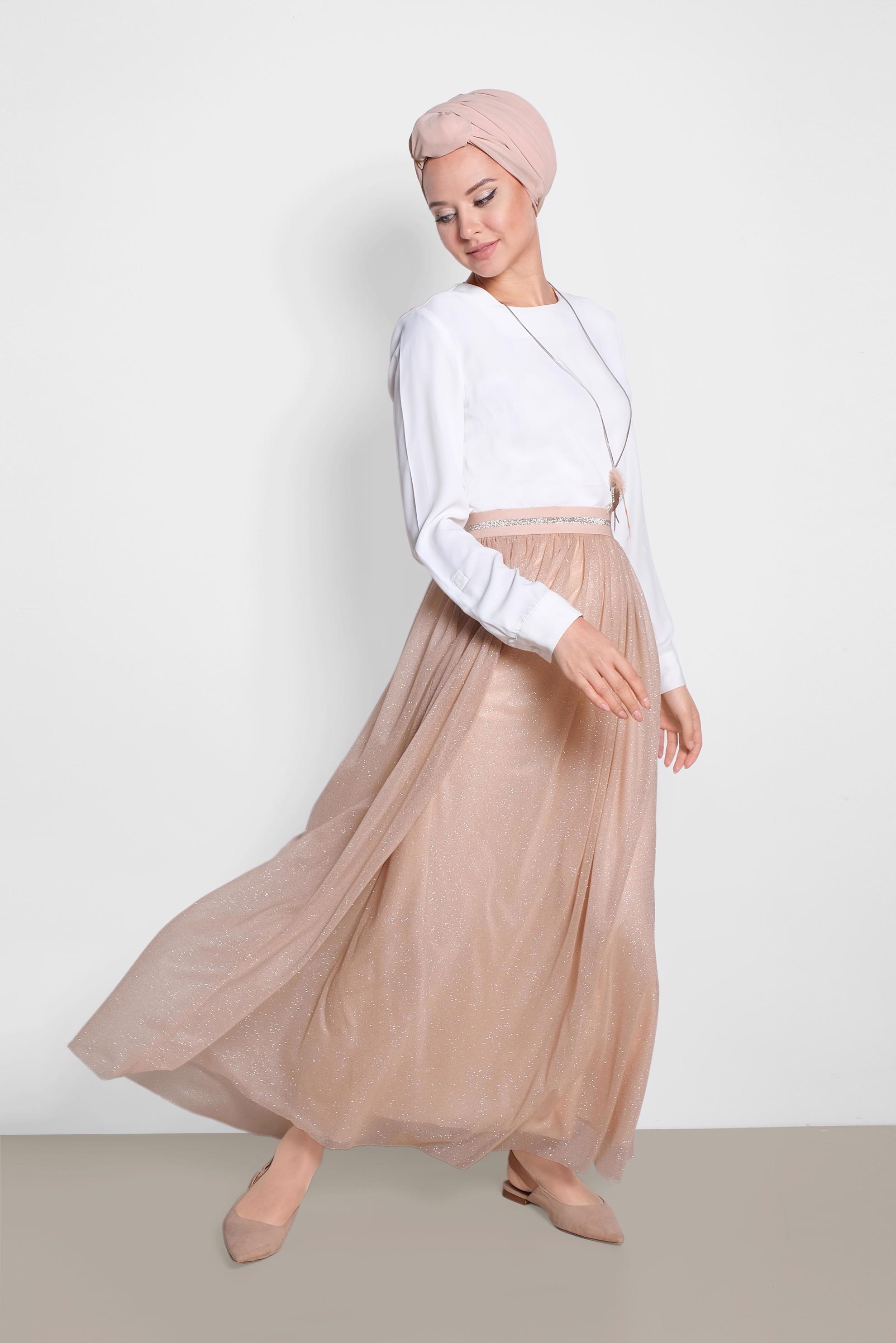 Tesettür giyim ALTIN SİMLİ BELİ LASTİKLİ ETEK 6355