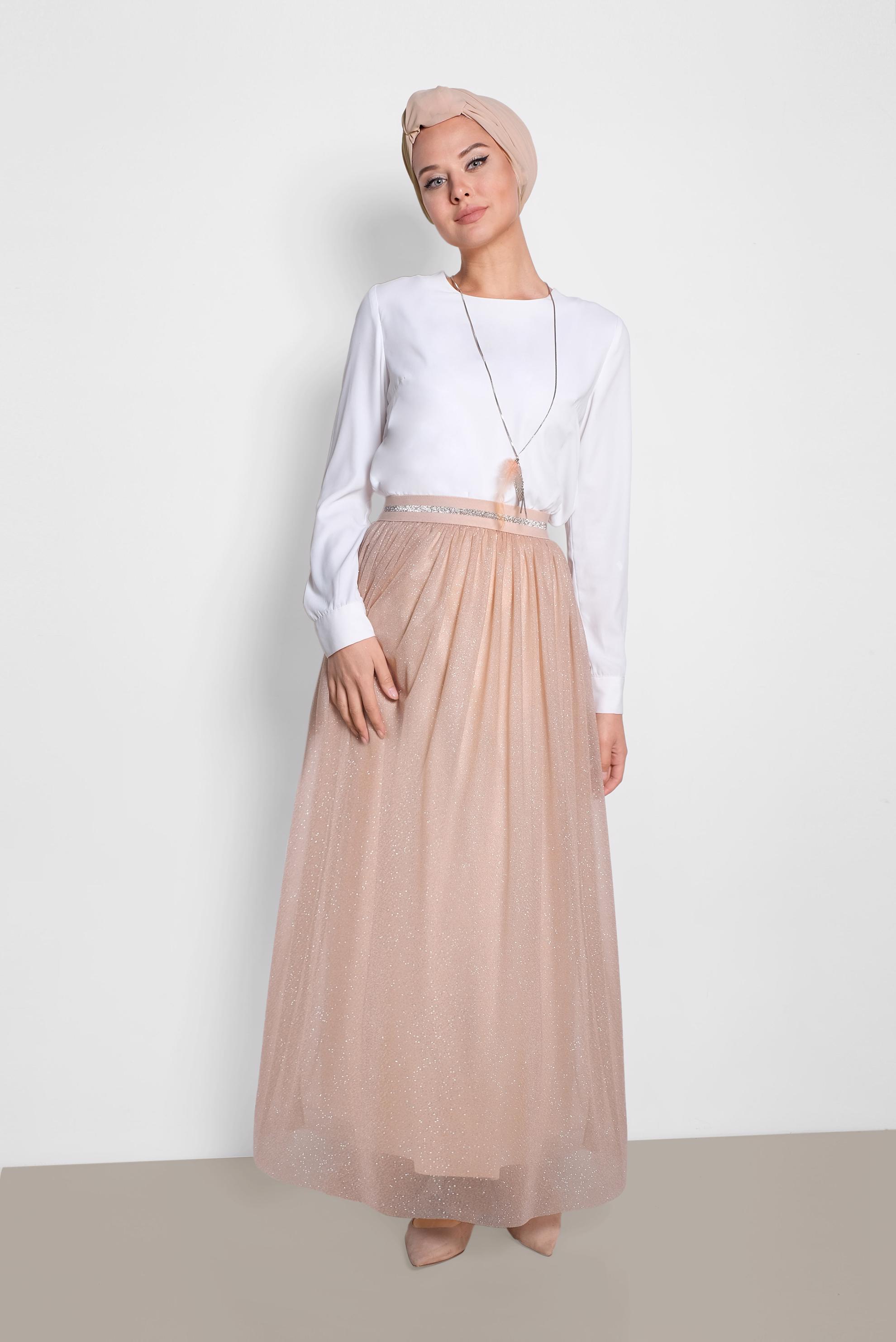 Tesettür giyim ALTIN SİMLİ BELİ LASTİKLİ ETEK 6355