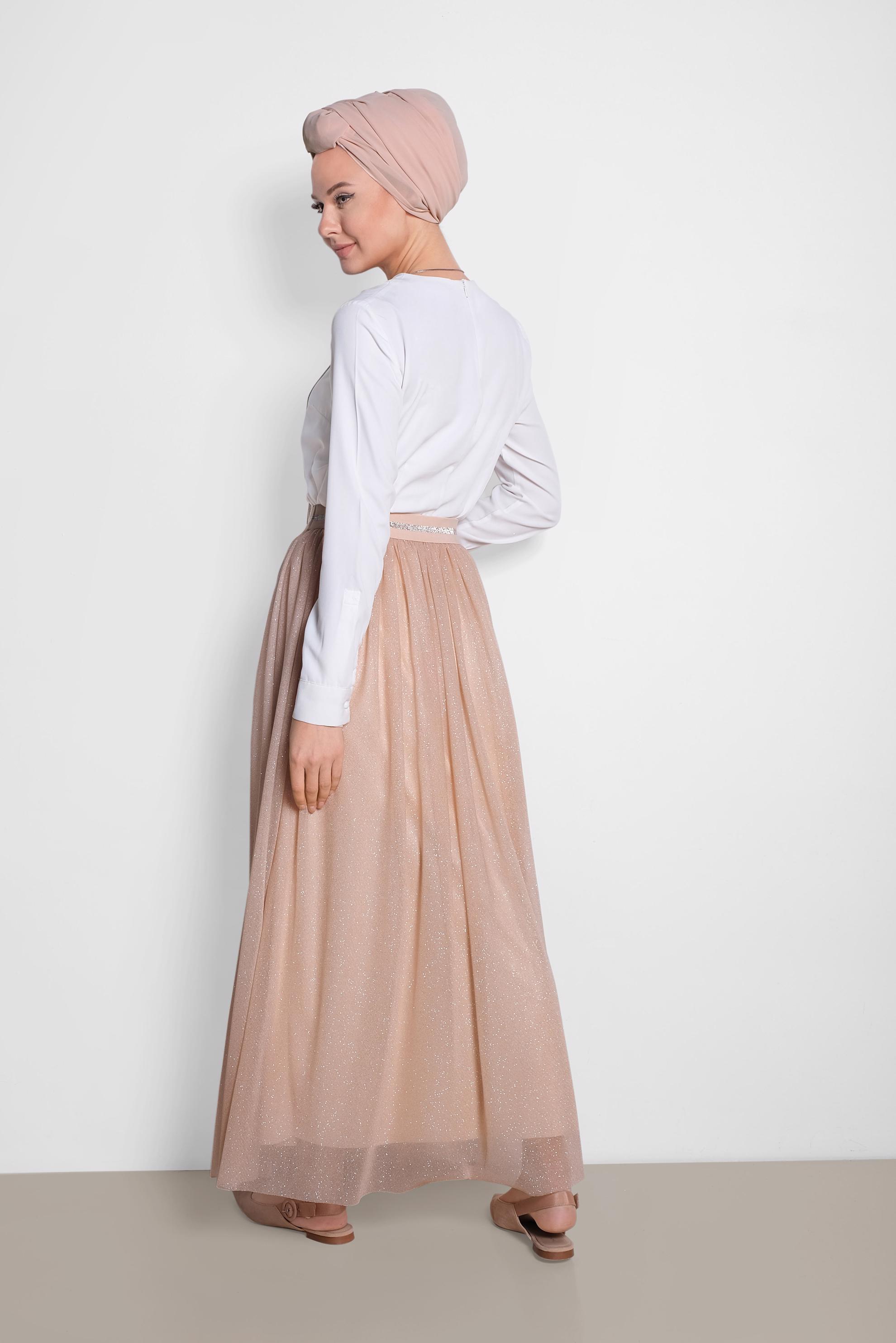 Tesettür giyim ALTIN SİMLİ BELİ LASTİKLİ ETEK 6355