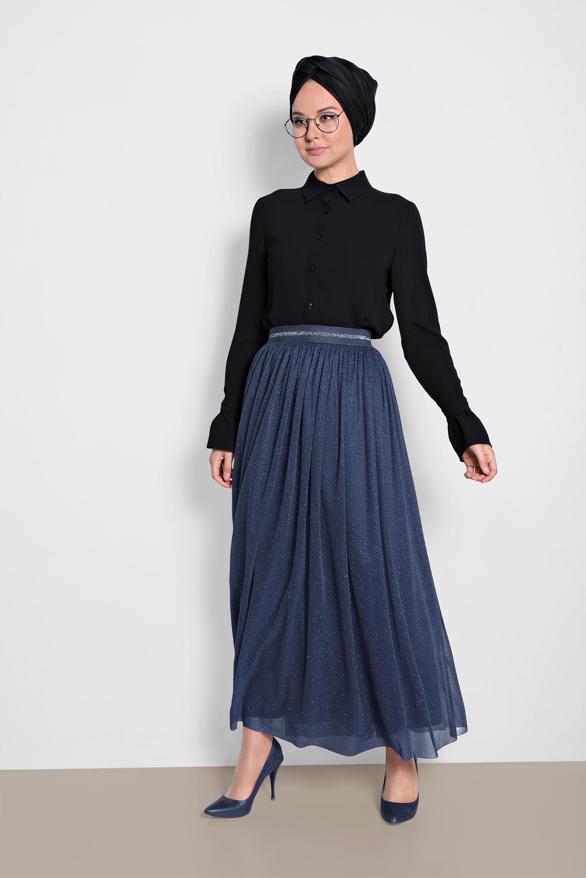 Tesettür giyim LACİVERT SİMLİ BELİ LASTİKLİ ETEK 6355