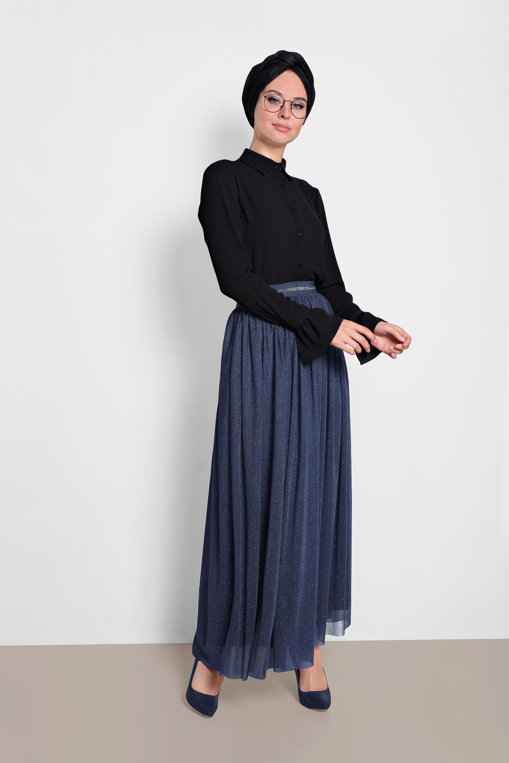 Tesettür giyim LACİVERT SİMLİ BELİ LASTİKLİ ETEK 6355
