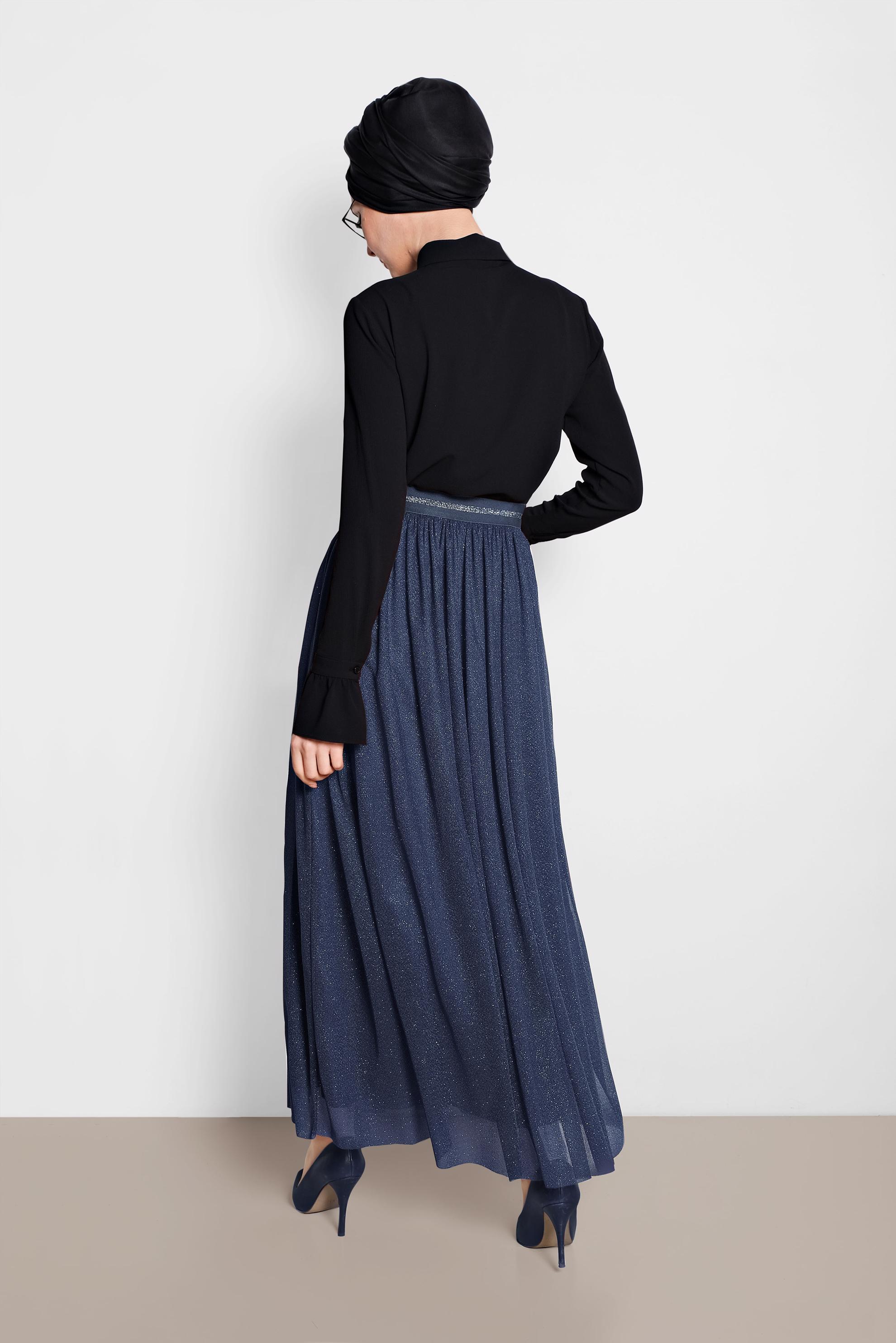Tesettür giyim LACİVERT SİMLİ BELİ LASTİKLİ ETEK 6355