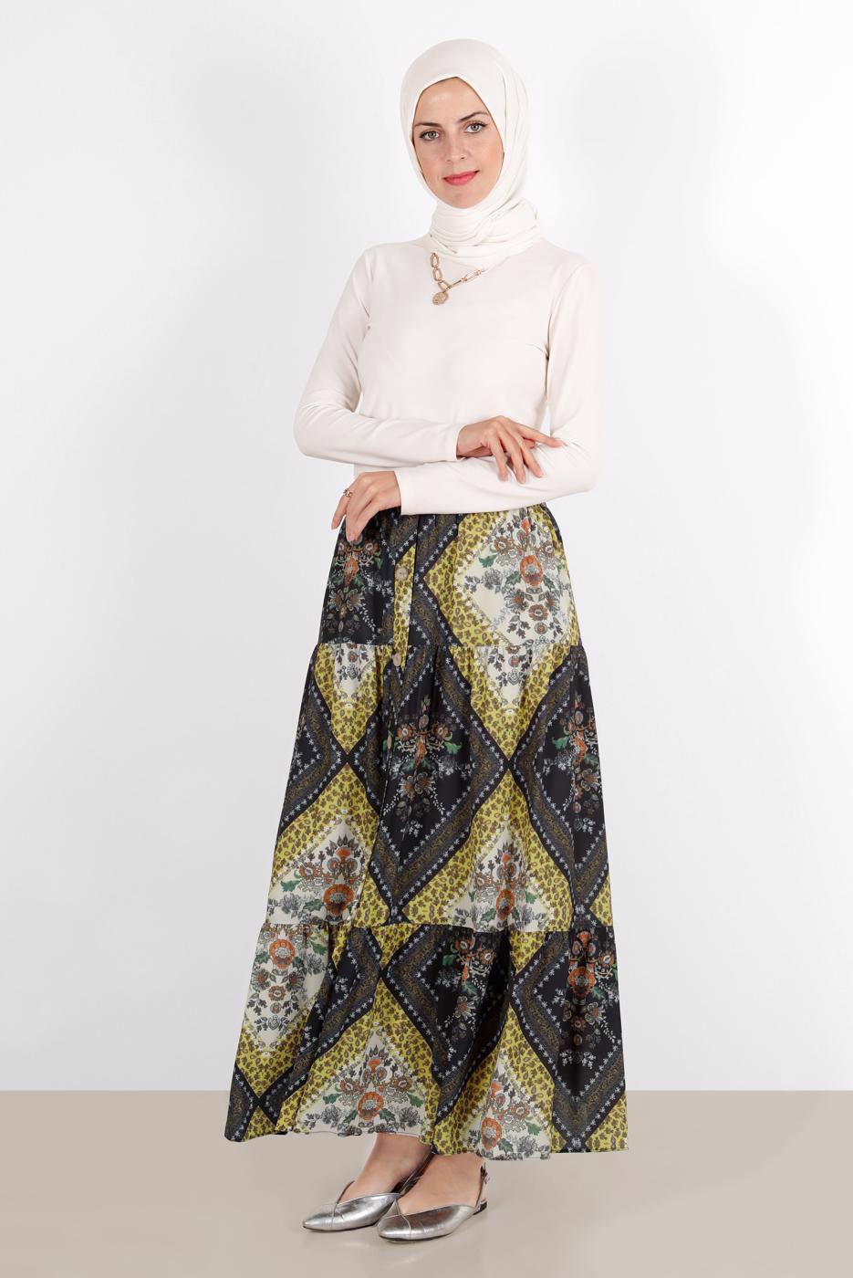 Tesettür giyim SARI DESENLİ DÜĞMELİ ETEK 6357