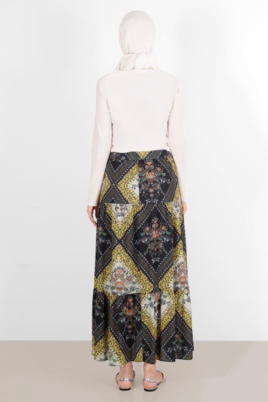 Tesettür giyim SARI DESENLİ DÜĞMELİ ETEK 6357