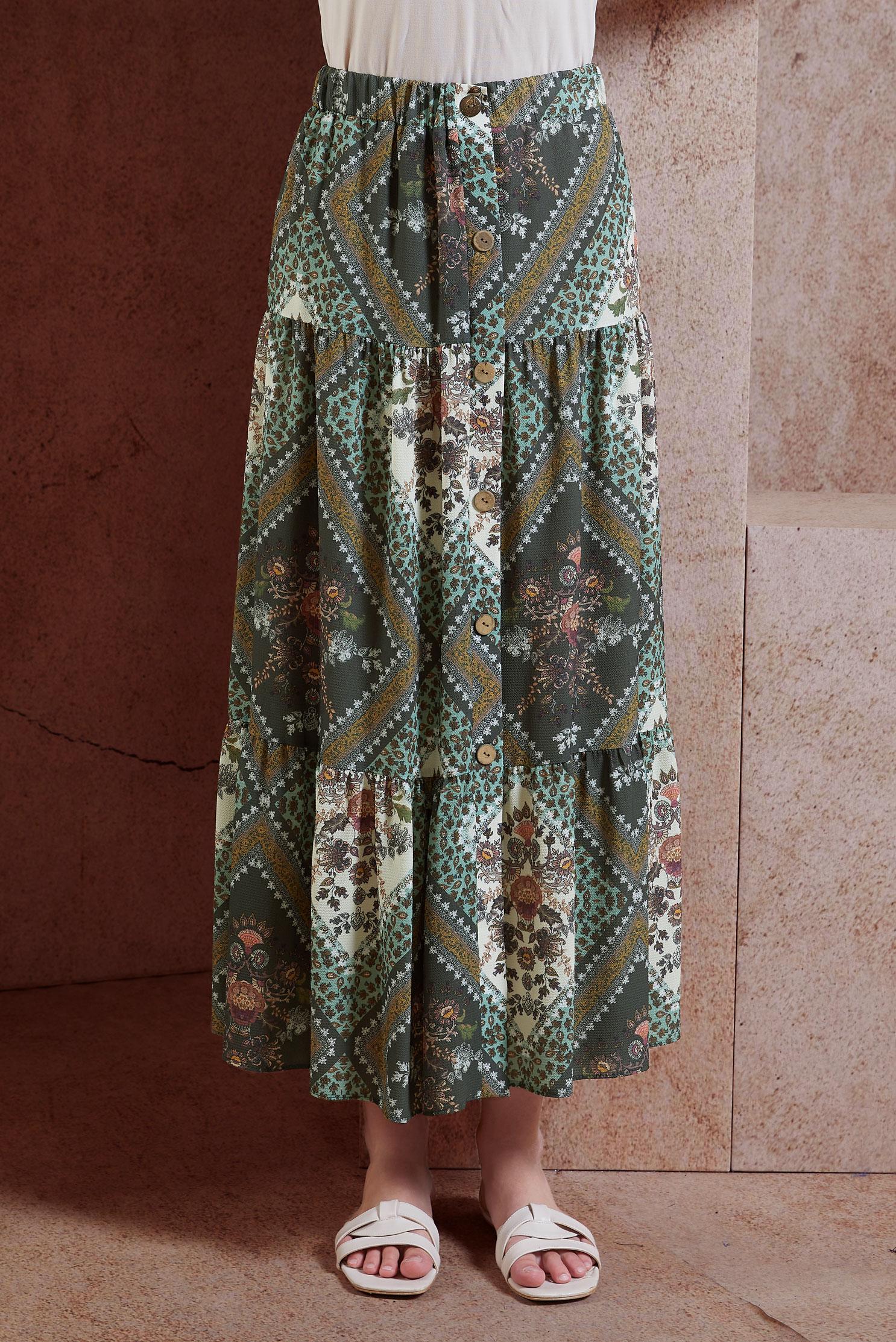 Tesettür giyim HAKİ DESENLİ DÜĞMELİ ETEK 6357