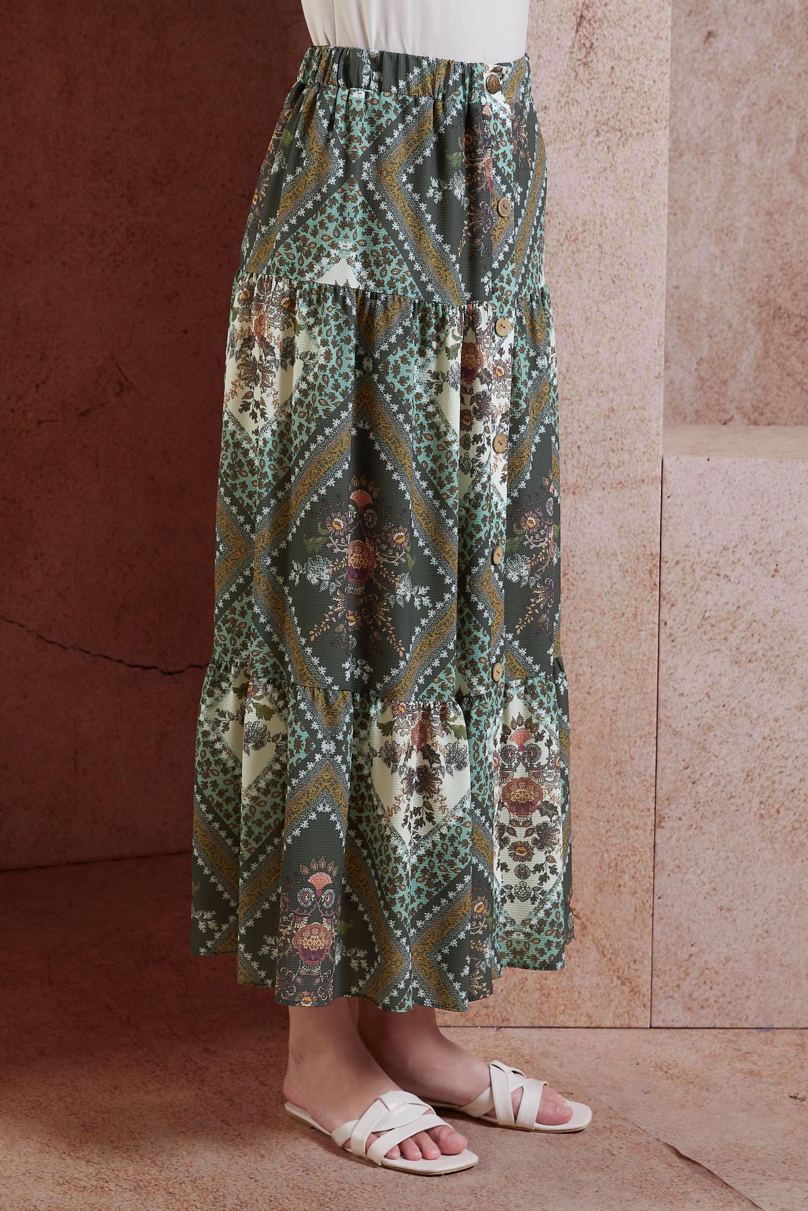 Tesettür giyim HAKİ DESENLİ DÜĞMELİ ETEK 6357