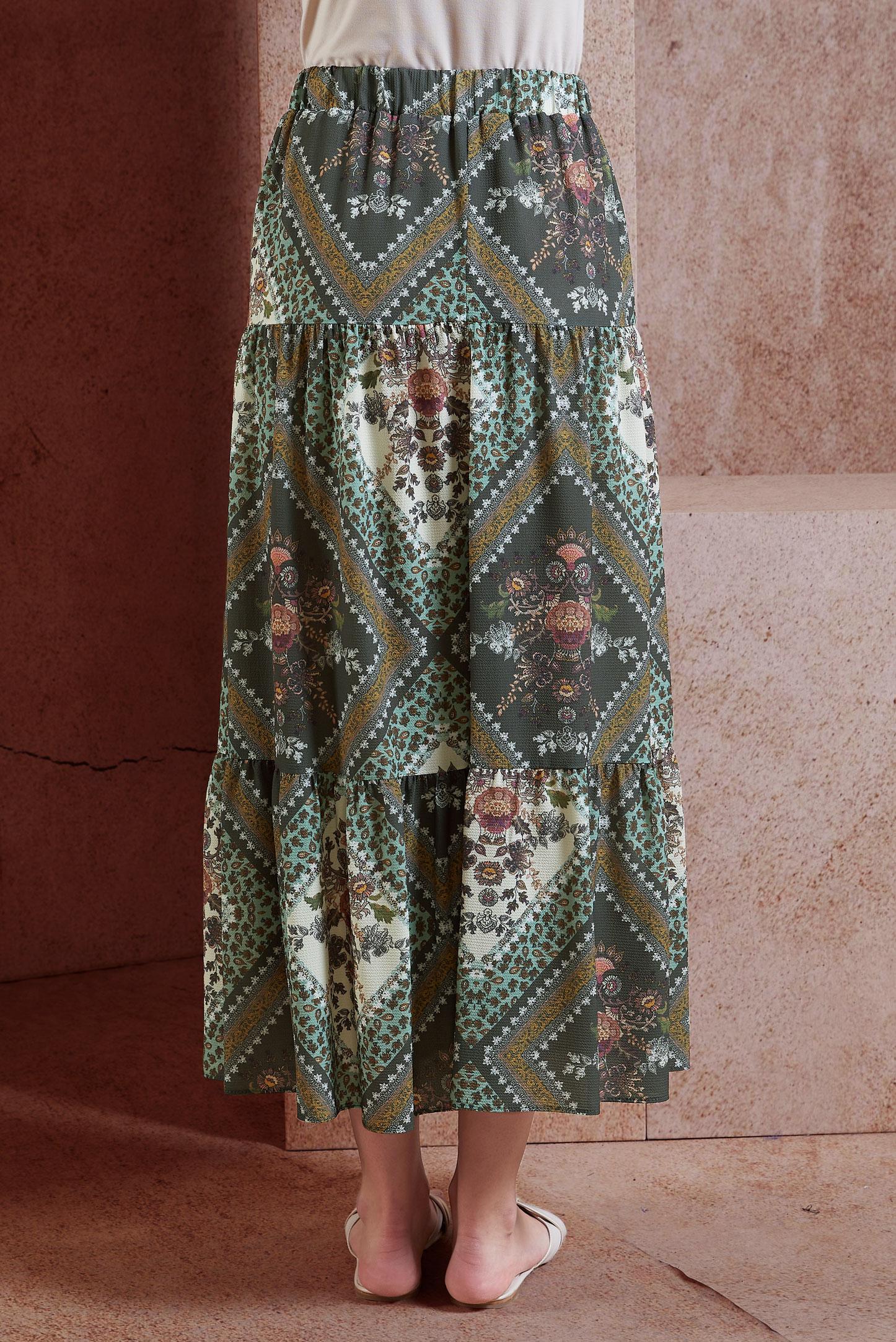 Tesettür giyim HAKİ DESENLİ DÜĞMELİ ETEK 6357