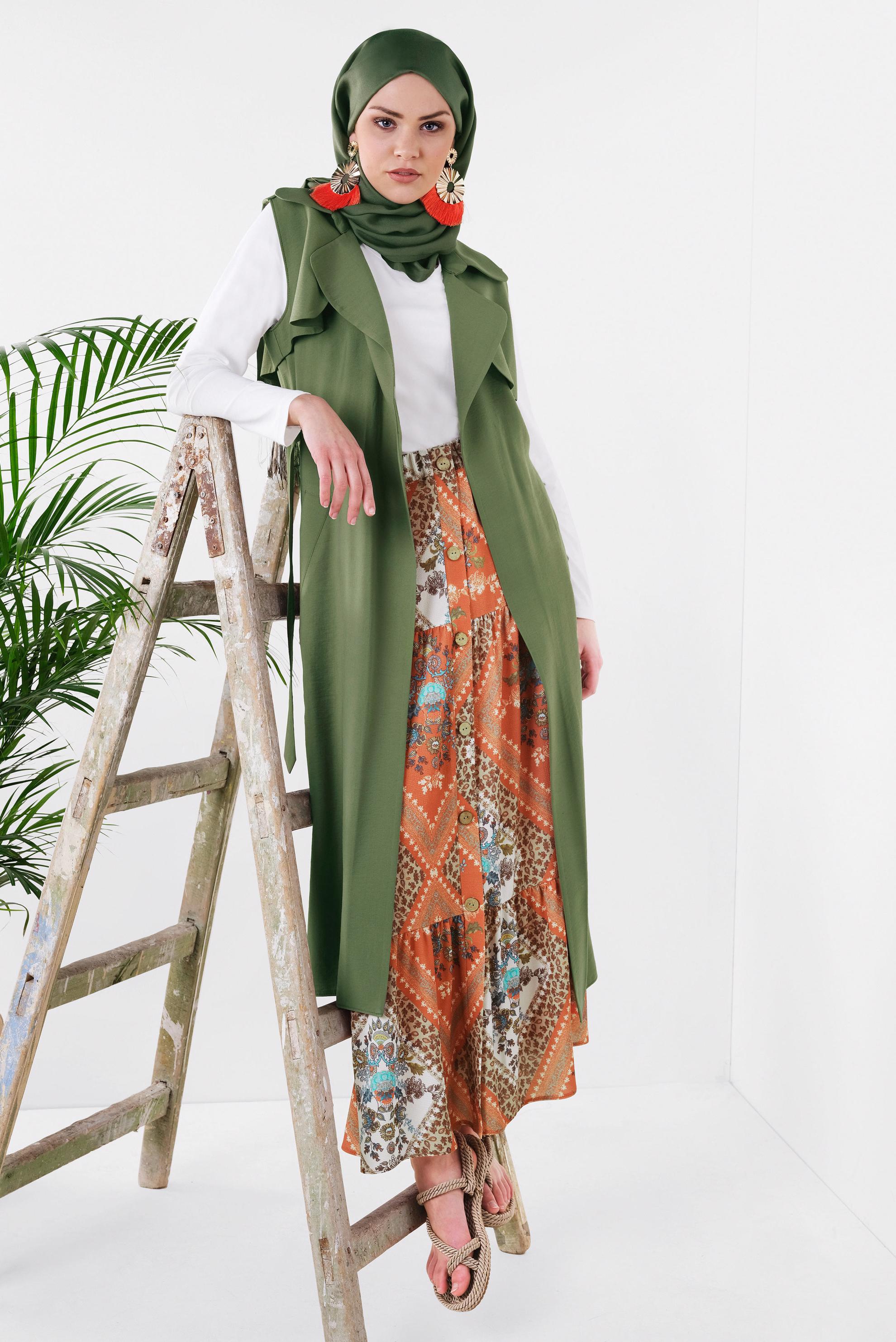 Tesettür giyim TURUNCU DESENLİ DÜĞMELİ ETEK 6357