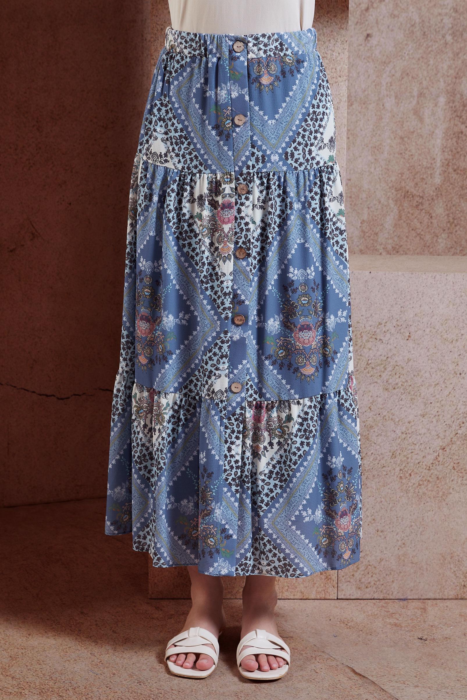 Tesettür giyim LACİVERT DESENLİ DÜĞMELİ ETEK 6357