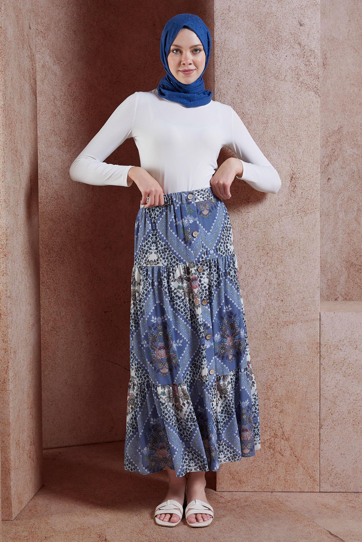 Tesettür giyim LACİVERT DESENLİ DÜĞMELİ ETEK 6357