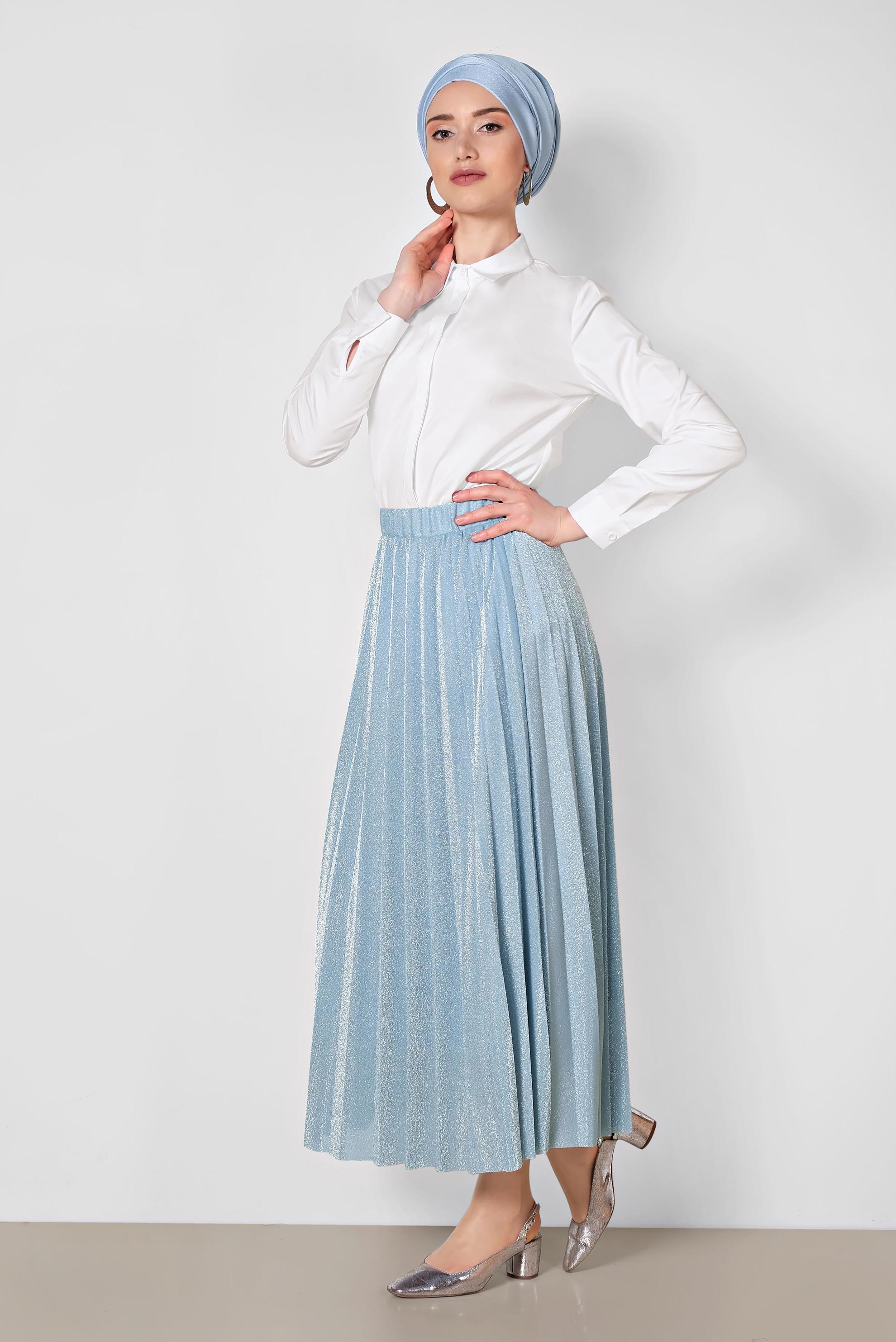 Tesettür giyim MAVİ PİLELİ SİMLİ ETEK 6360