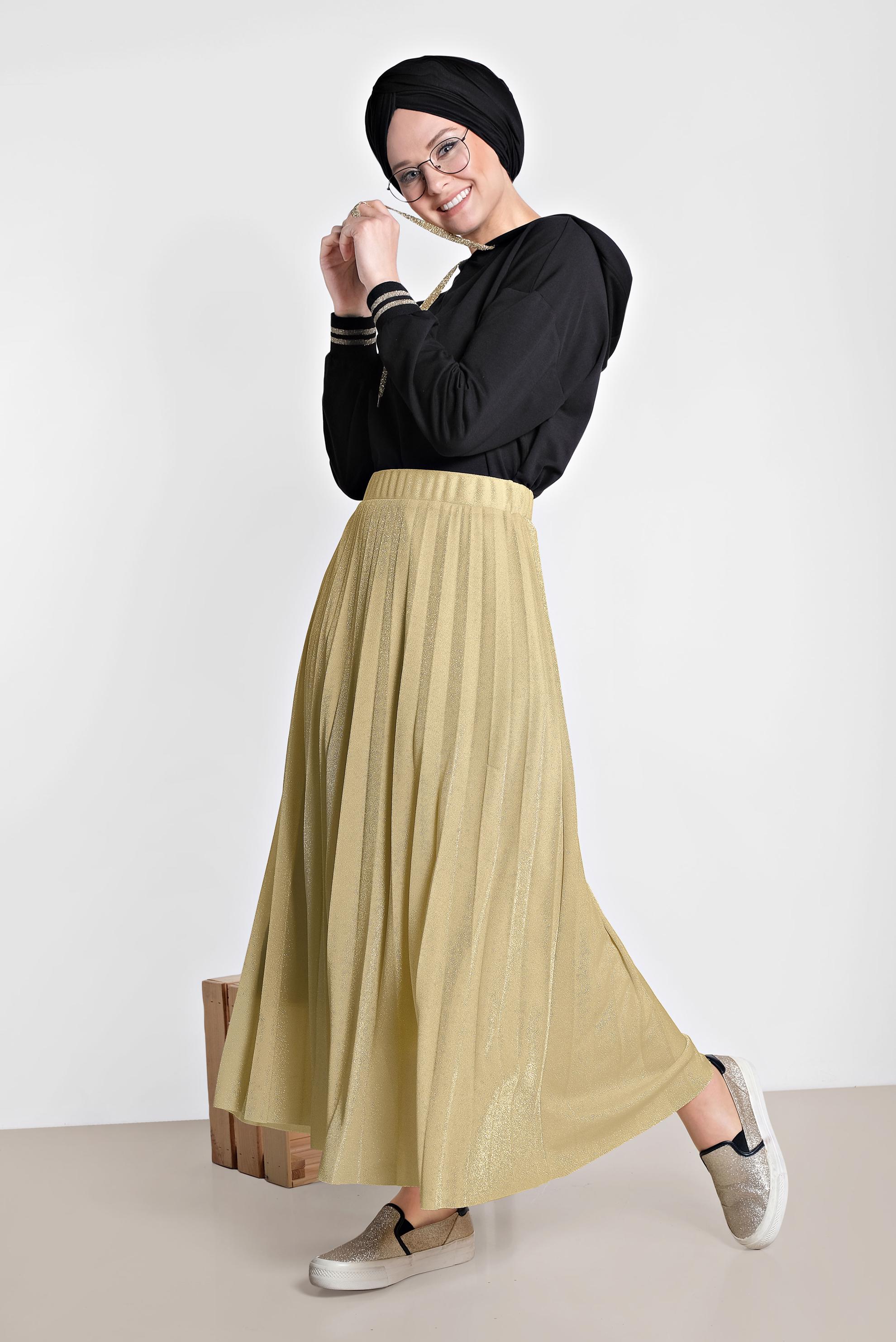 Tesettür giyim BEJ PİLELİ SİMLİ ETEK 6360