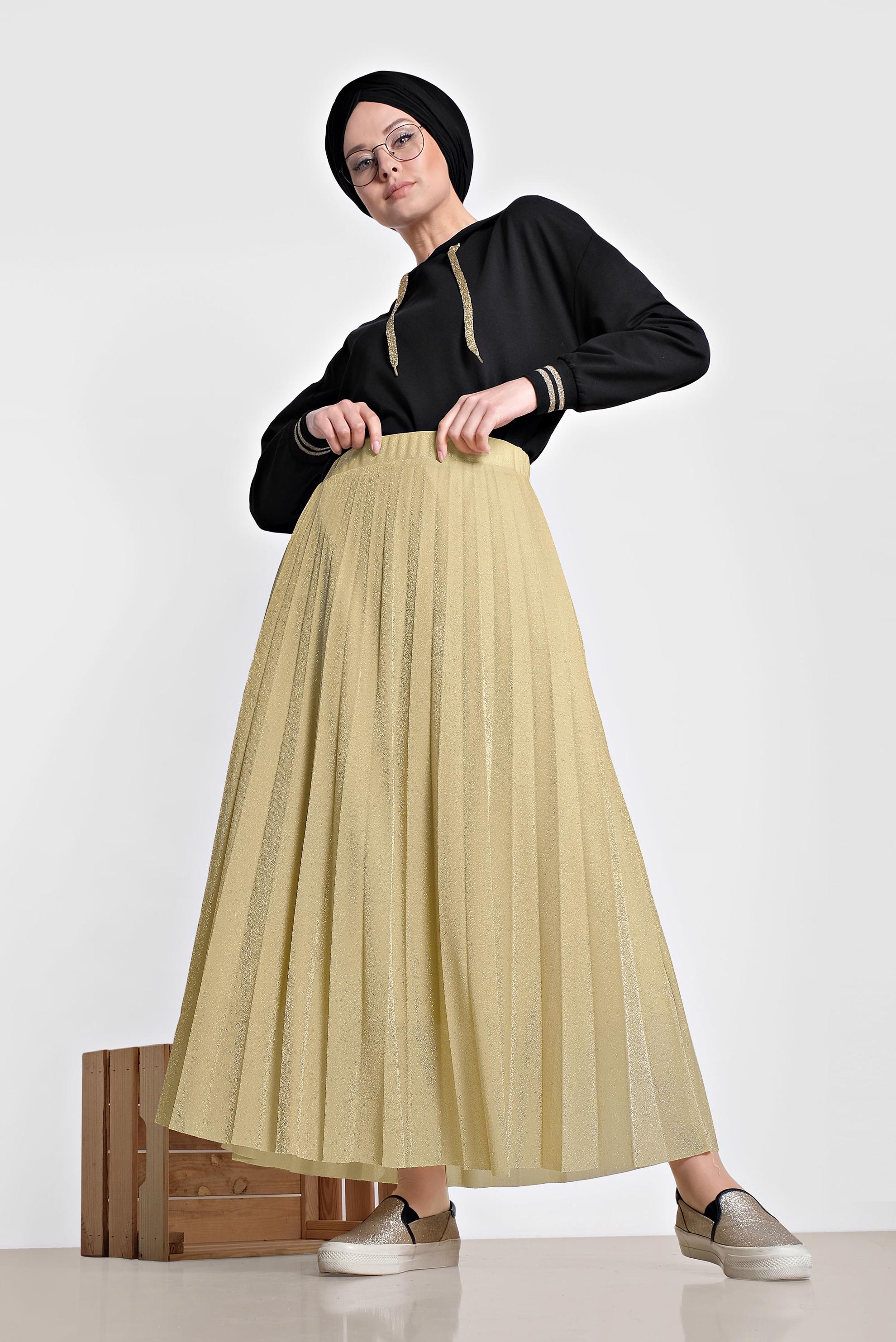 Tesettür giyim BEJ PİLELİ SİMLİ ETEK 6360