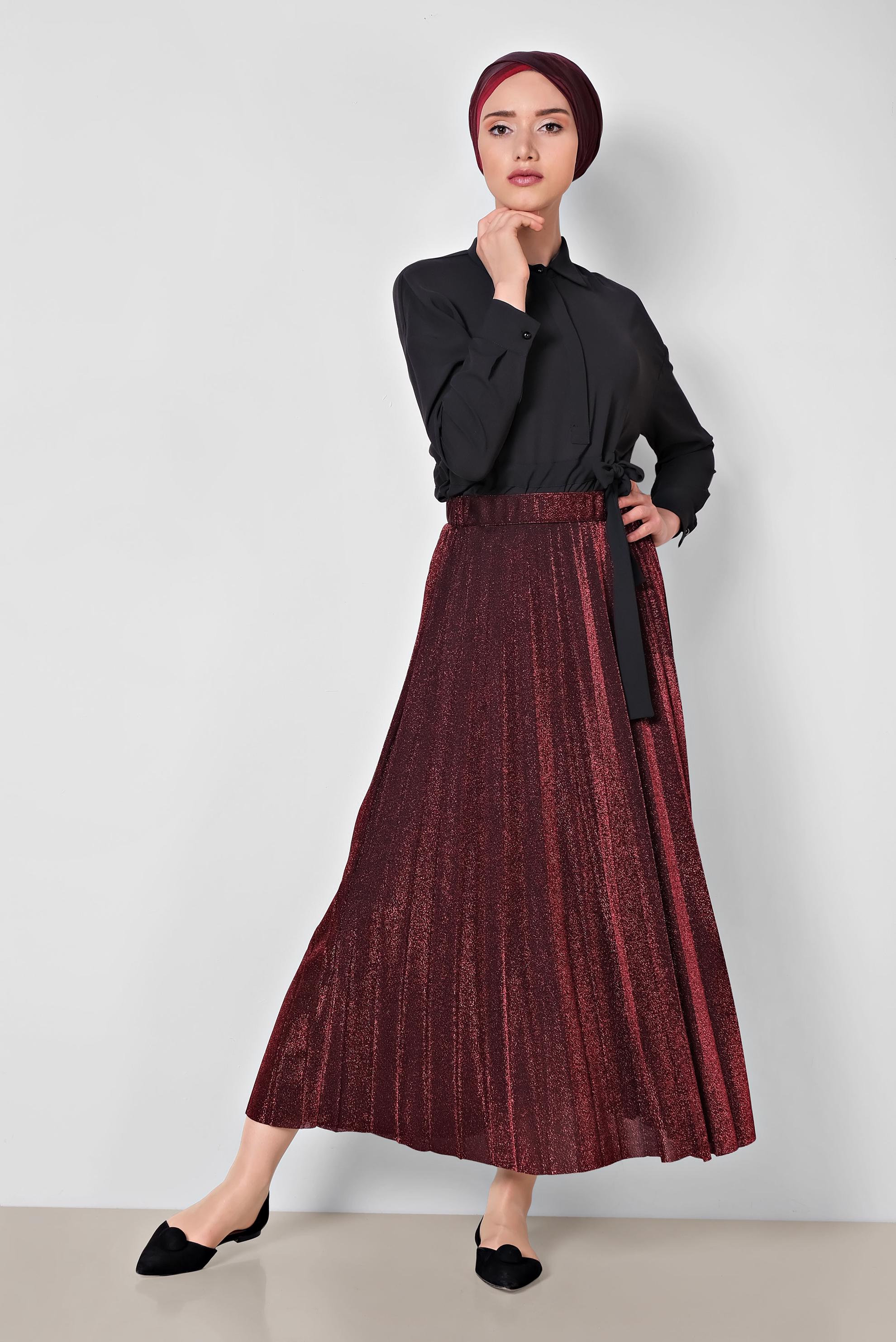 Tesettür giyim SİYAH PİLELİ SİMLİ ETEK 6360