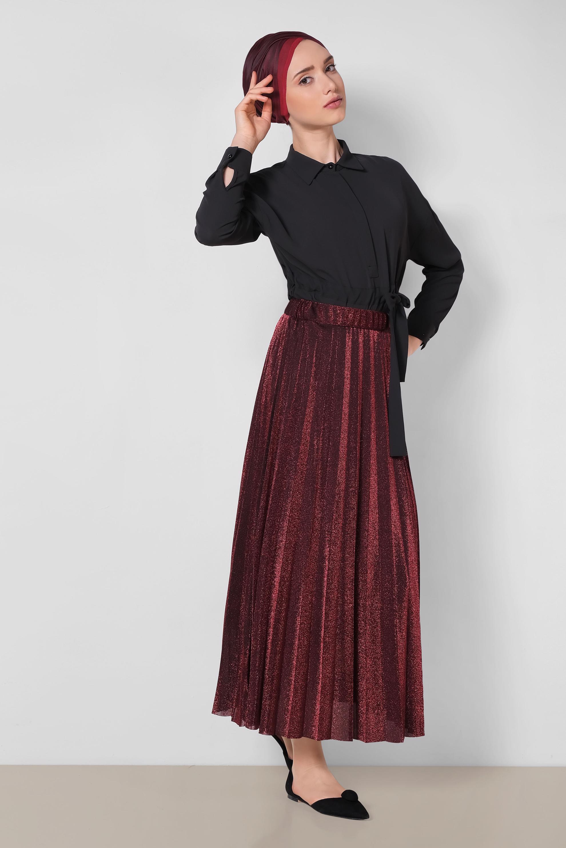 Tesettür giyim SİYAH PİLELİ SİMLİ ETEK 6360