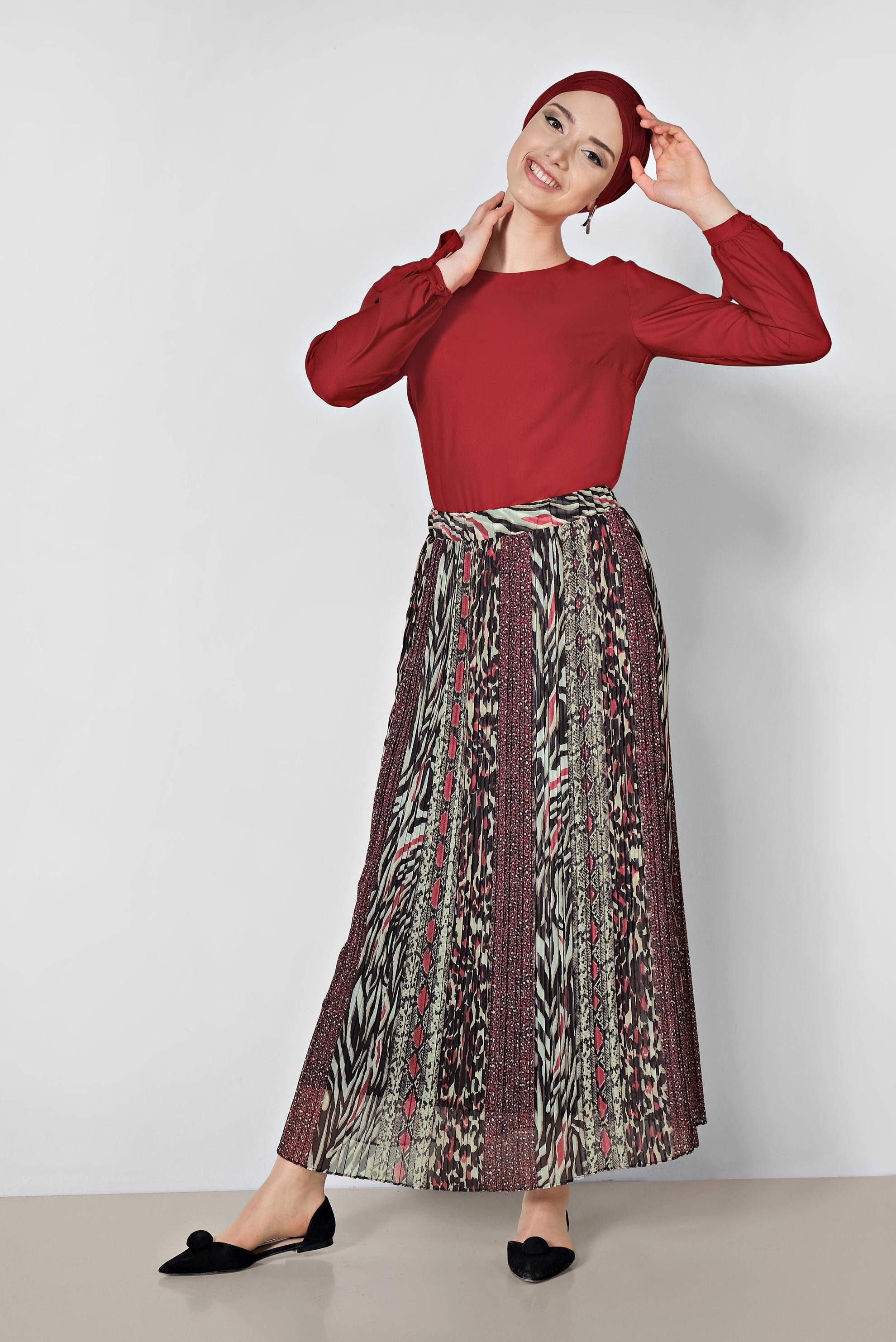 Tesettür giyim KIRMIZI PİLİSELİ DESENLİ ETEK 6364