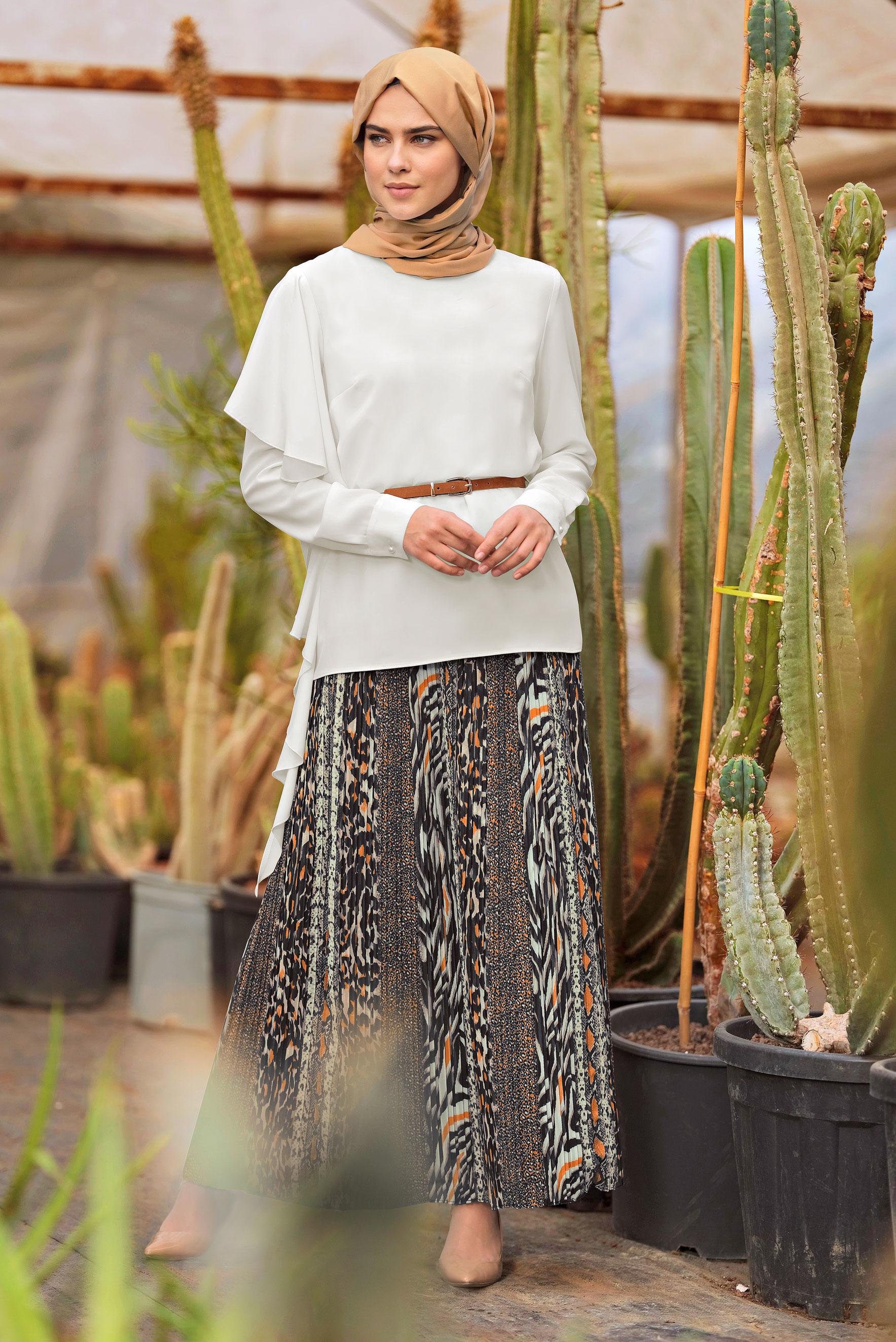 Tesettür giyim TURUNCU PİLİSELİ DESENLİ ETEK 6364