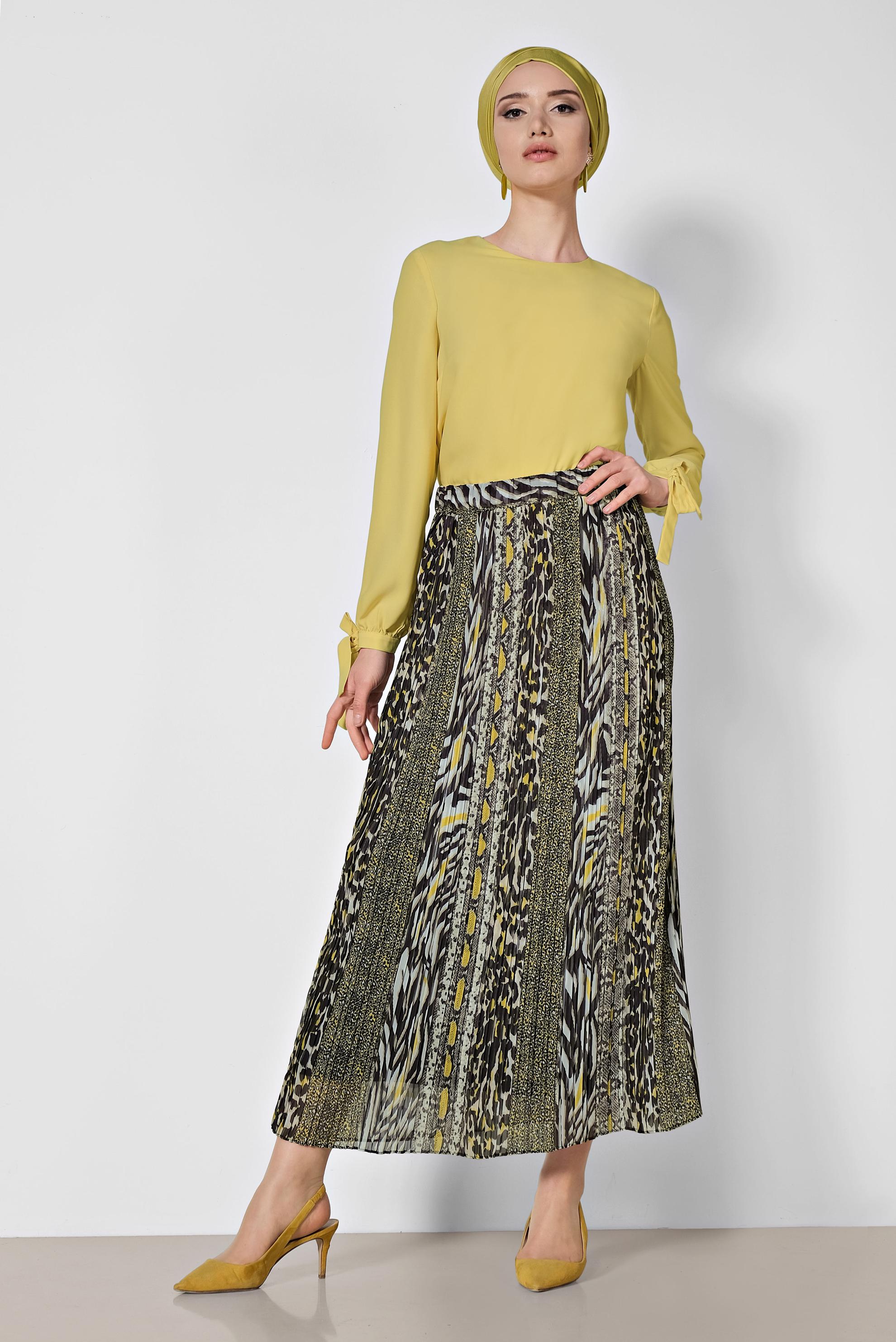 Tesettür giyim SARI PİLİSELİ DESENLİ ETEK 6364