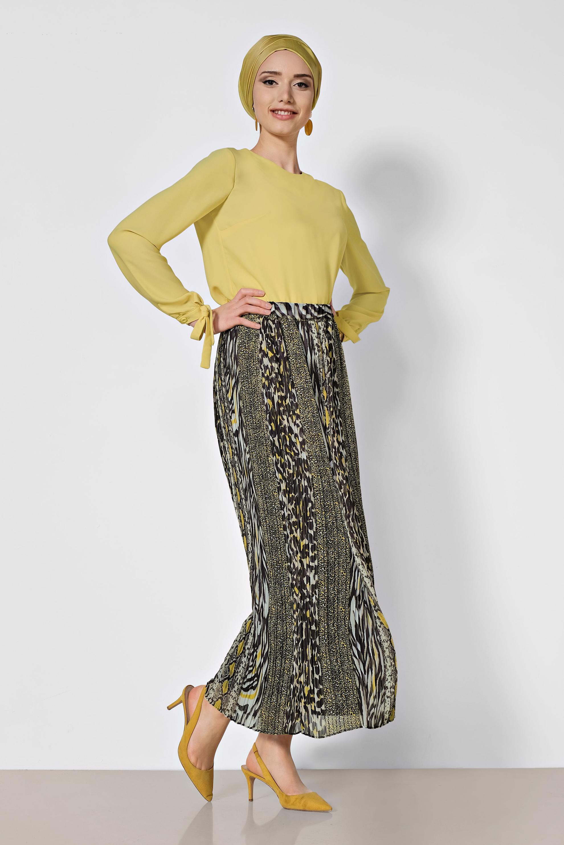 Tesettür giyim SARI PİLİSELİ DESENLİ ETEK 6364