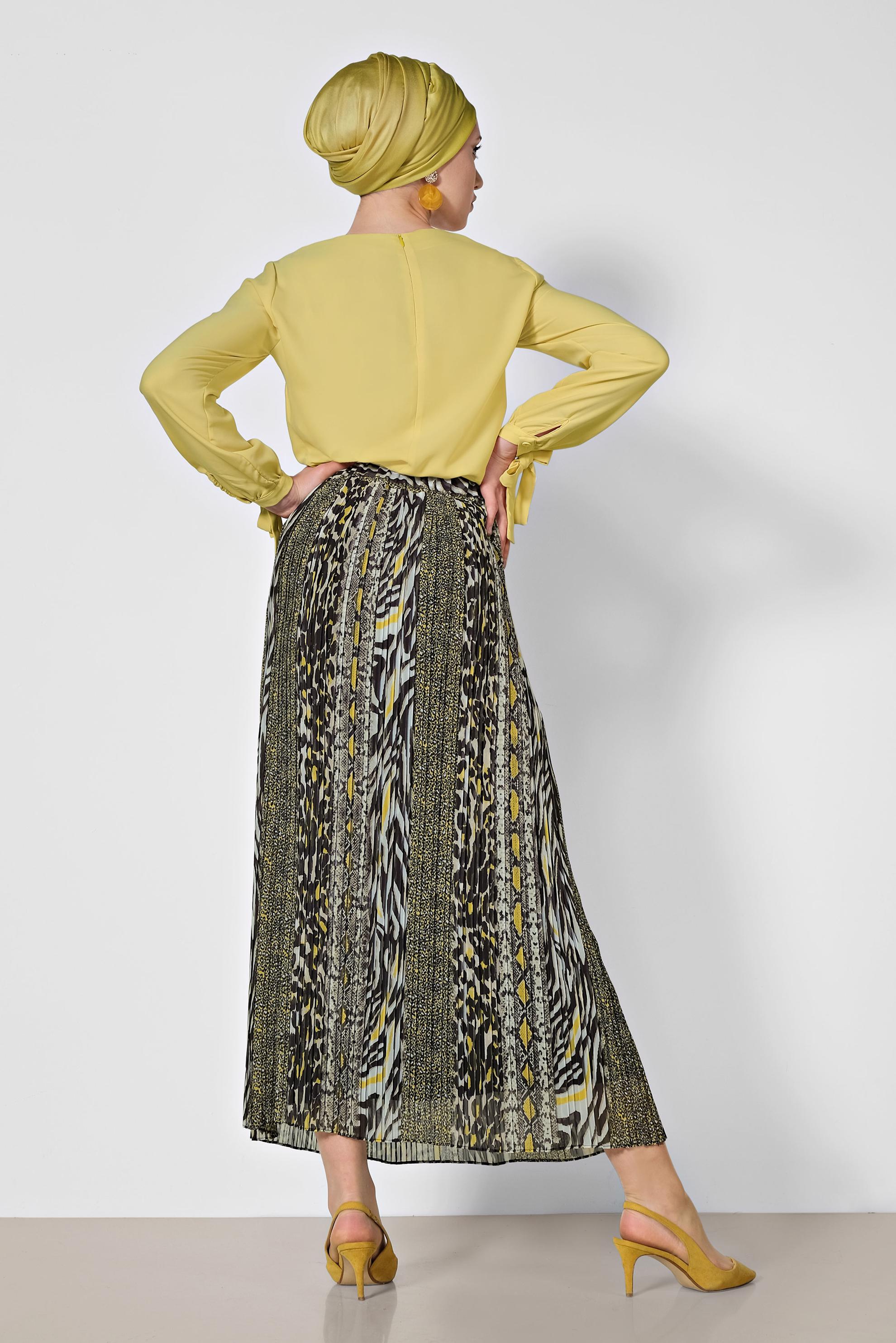 Tesettür giyim SARI PİLİSELİ DESENLİ ETEK 6364