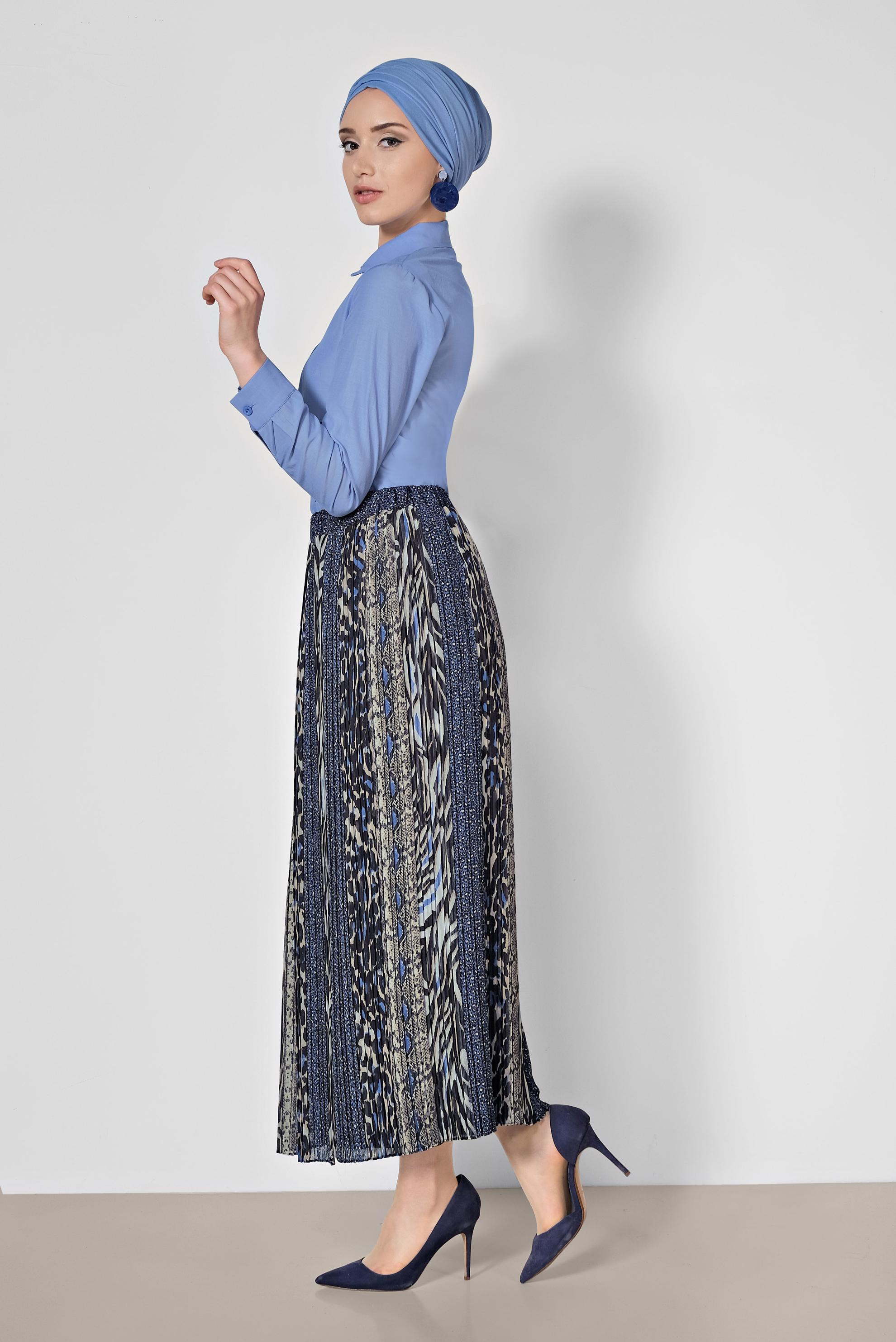 Tesettür giyim LACİVERT PİLİSELİ DESENLİ ETEK 6364