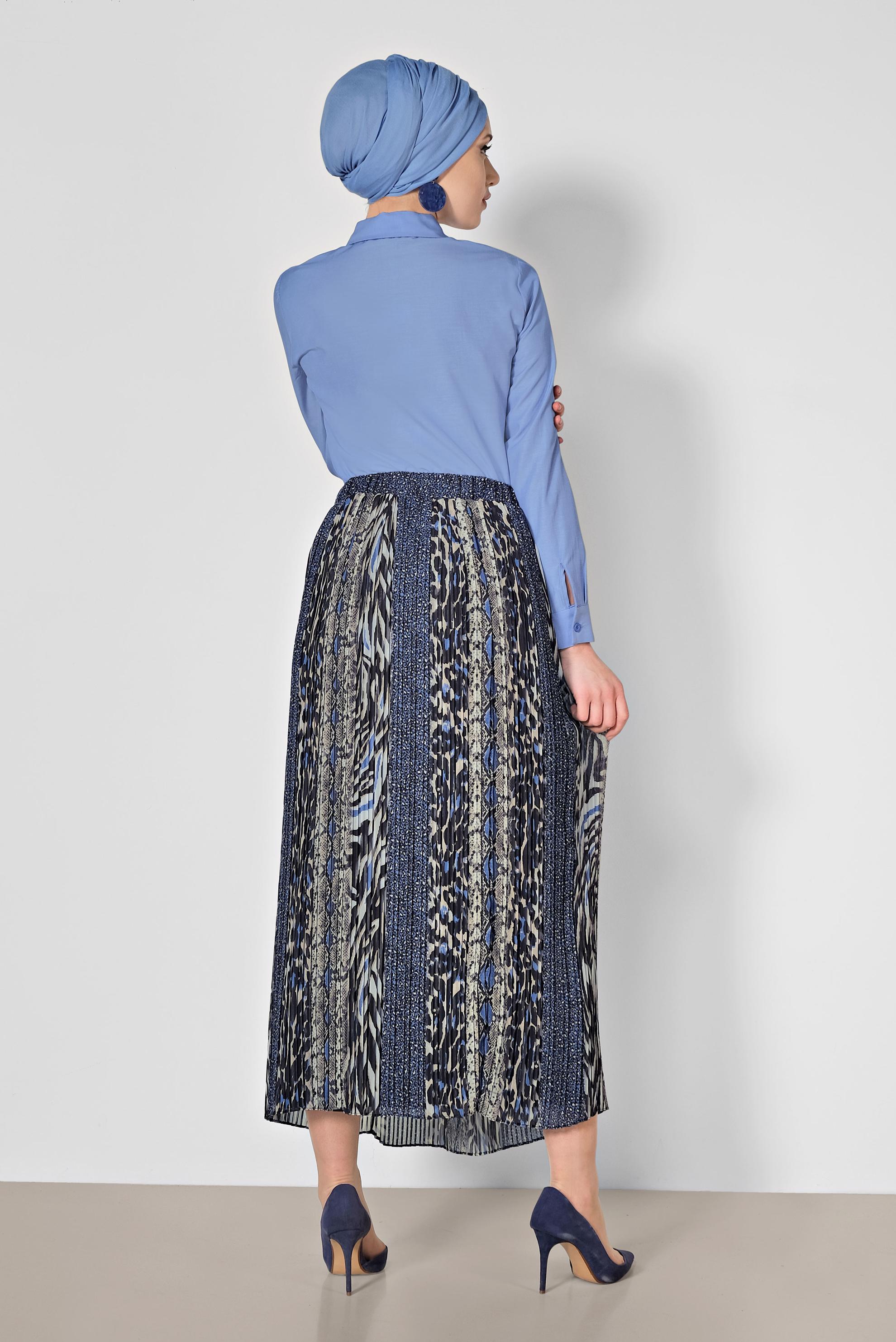 Tesettür giyim LACİVERT PİLİSELİ DESENLİ ETEK 6364