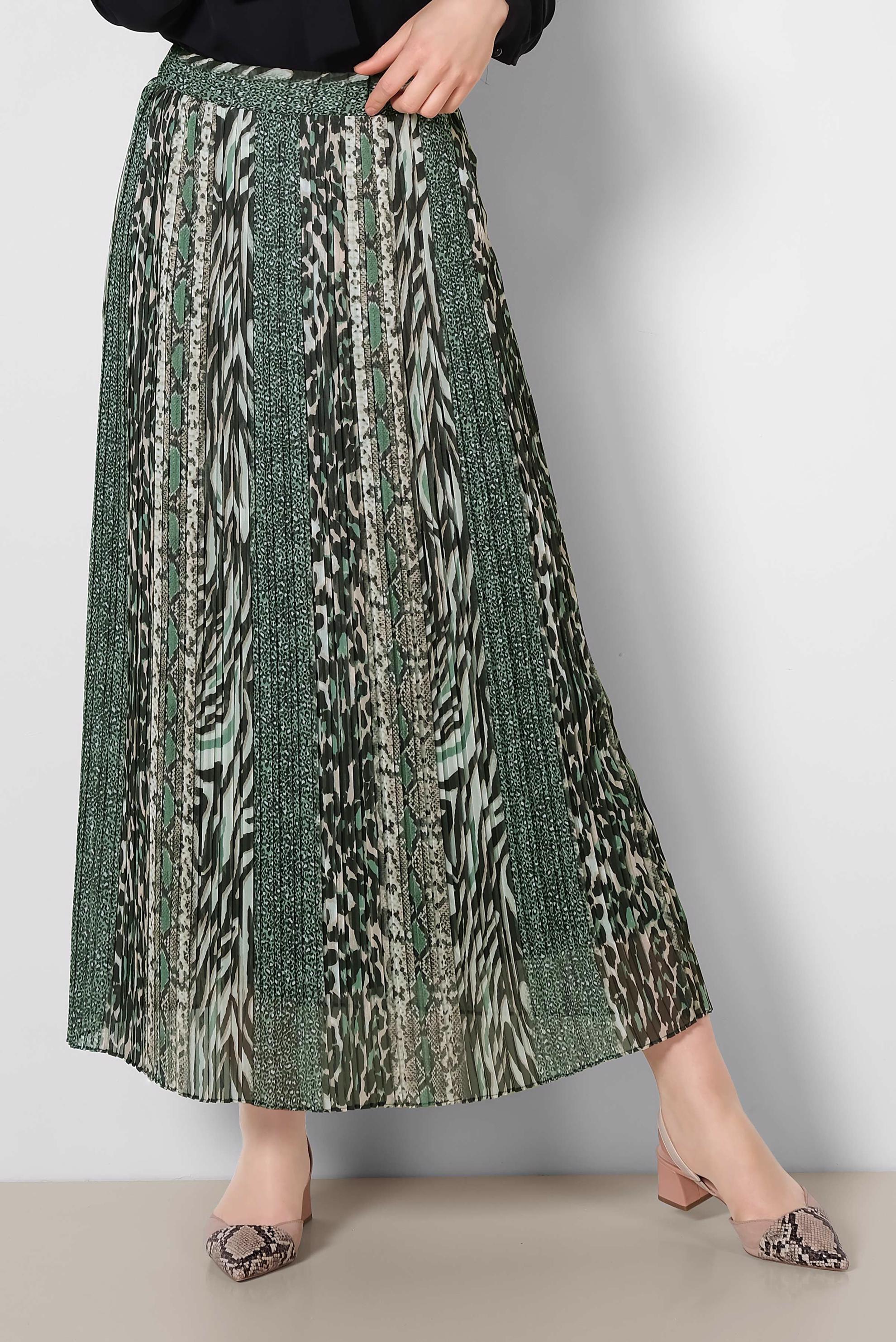 Tesettür giyim YEŞİL PİLİSELİ DESENLİ ETEK 6364