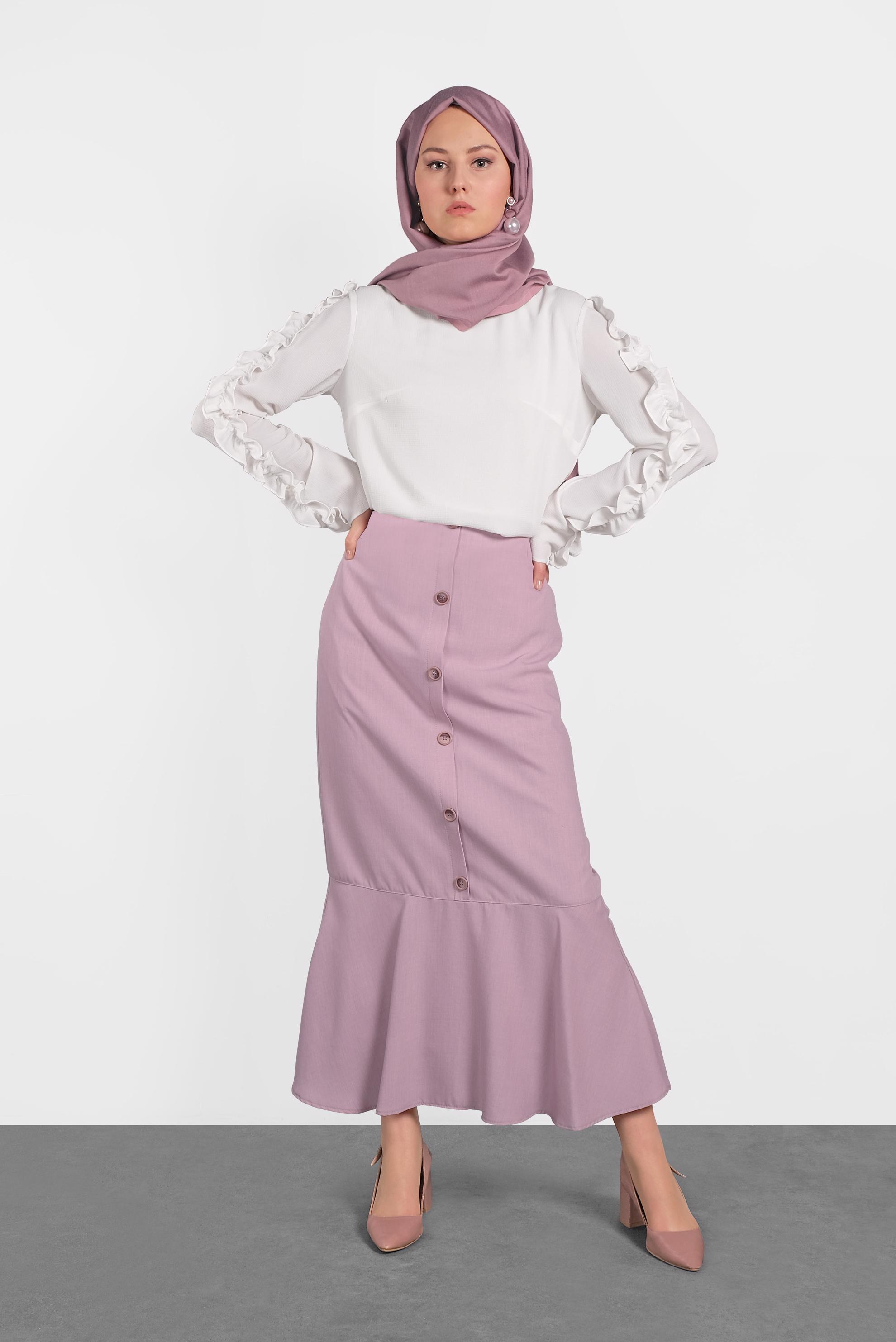 Tesettür giyim PUDRA ETEK UCU FIRFIRLI DÜĞME DETAYLI ETEK 6368