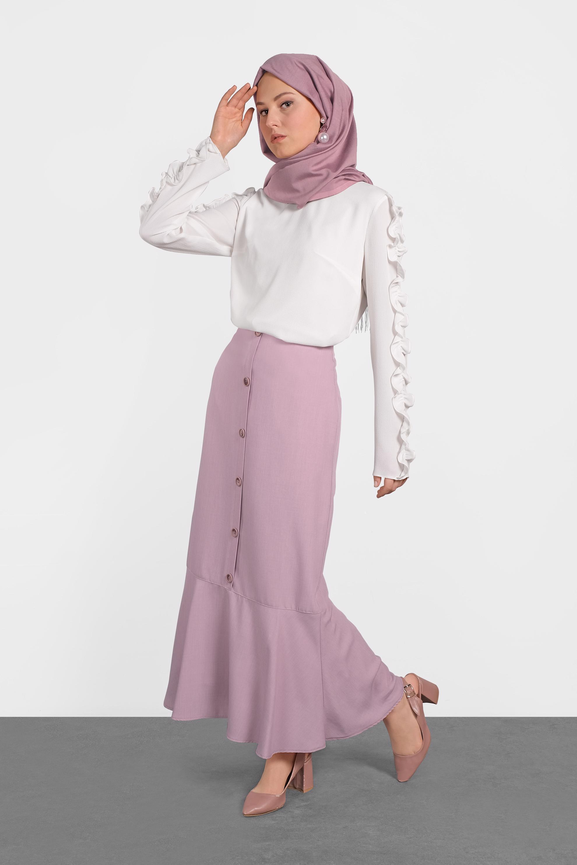 Tesettür giyim PUDRA ETEK UCU FIRFIRLI DÜĞME DETAYLI ETEK 6368
