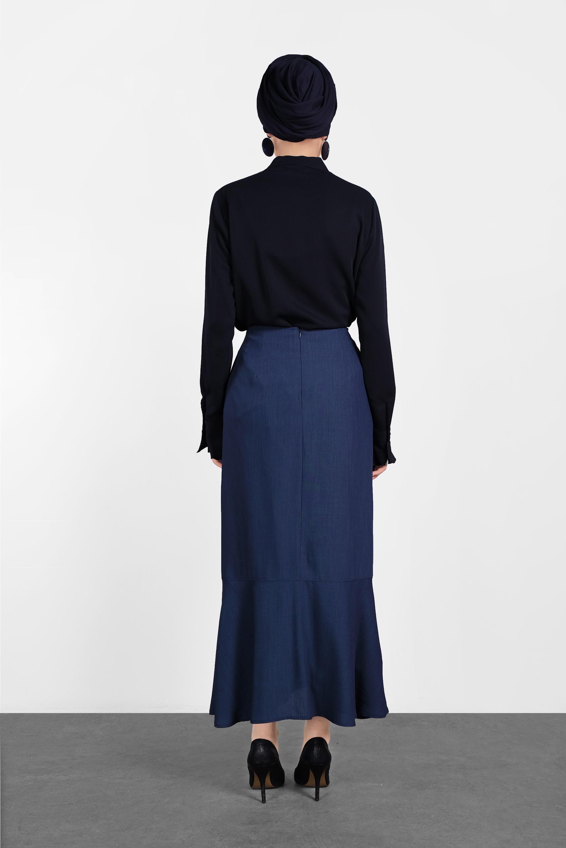 Tesettür giyim LACİVERT ETEK UCU FIRFIRLI DÜĞME DETAYLI ETEK 6368