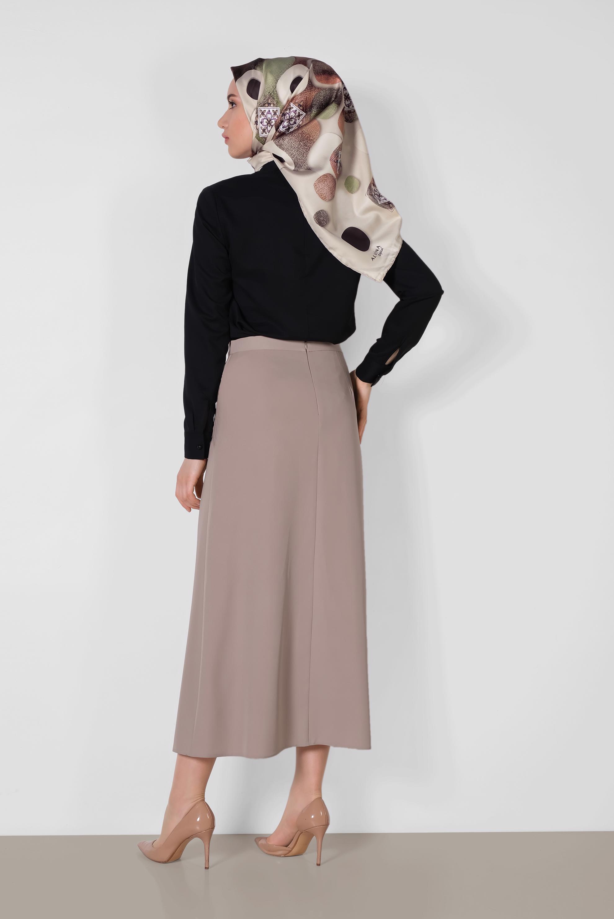 Tesettür giyim BEJ ARKASI FERMUARLI KLASİK ETEK 6369