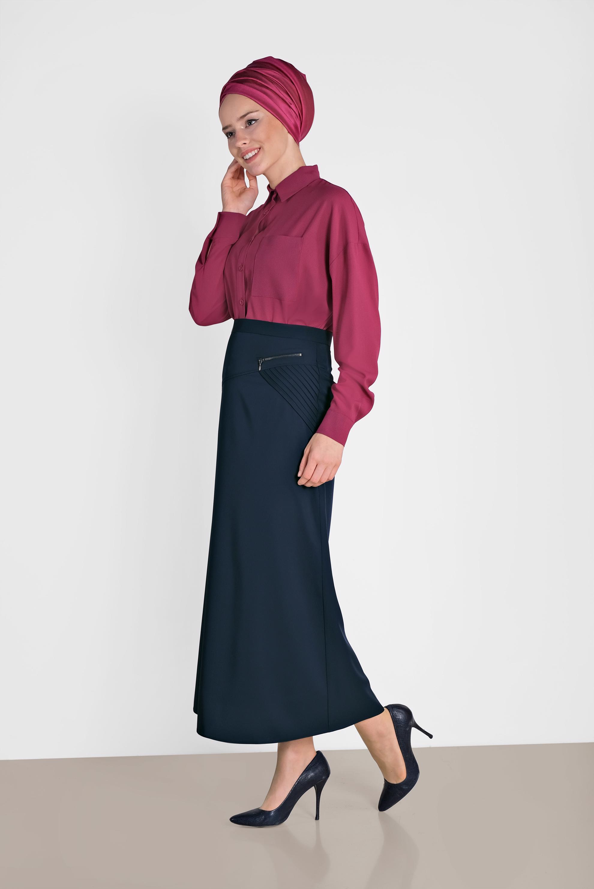 Tesettür giyim LACİVERT ARKASI FERMUARLI KLASİK ETEK 6369