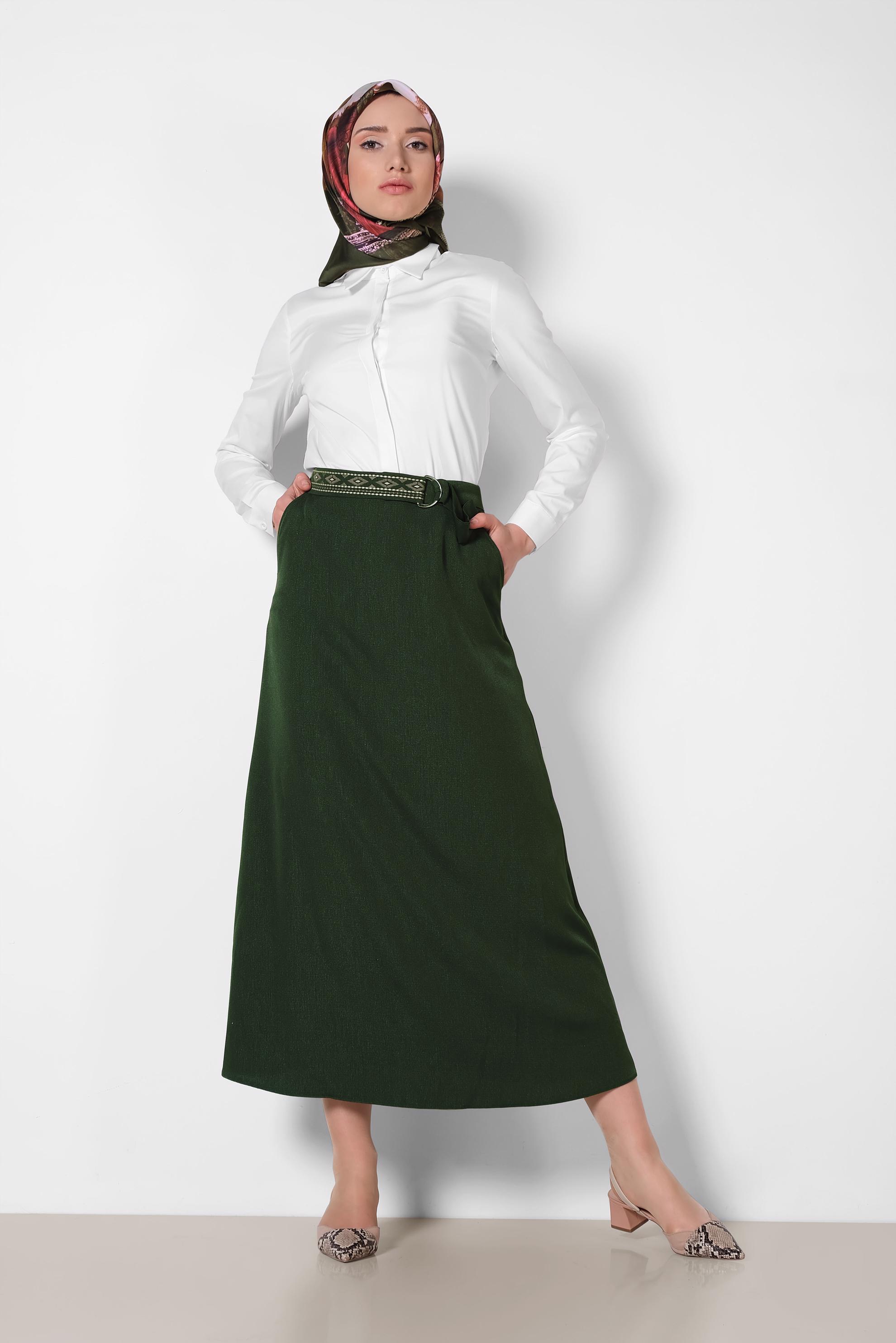 Tesettür giyim HAKİ KEMERİ İŞLEMELİ A KESİM ETEK 6370