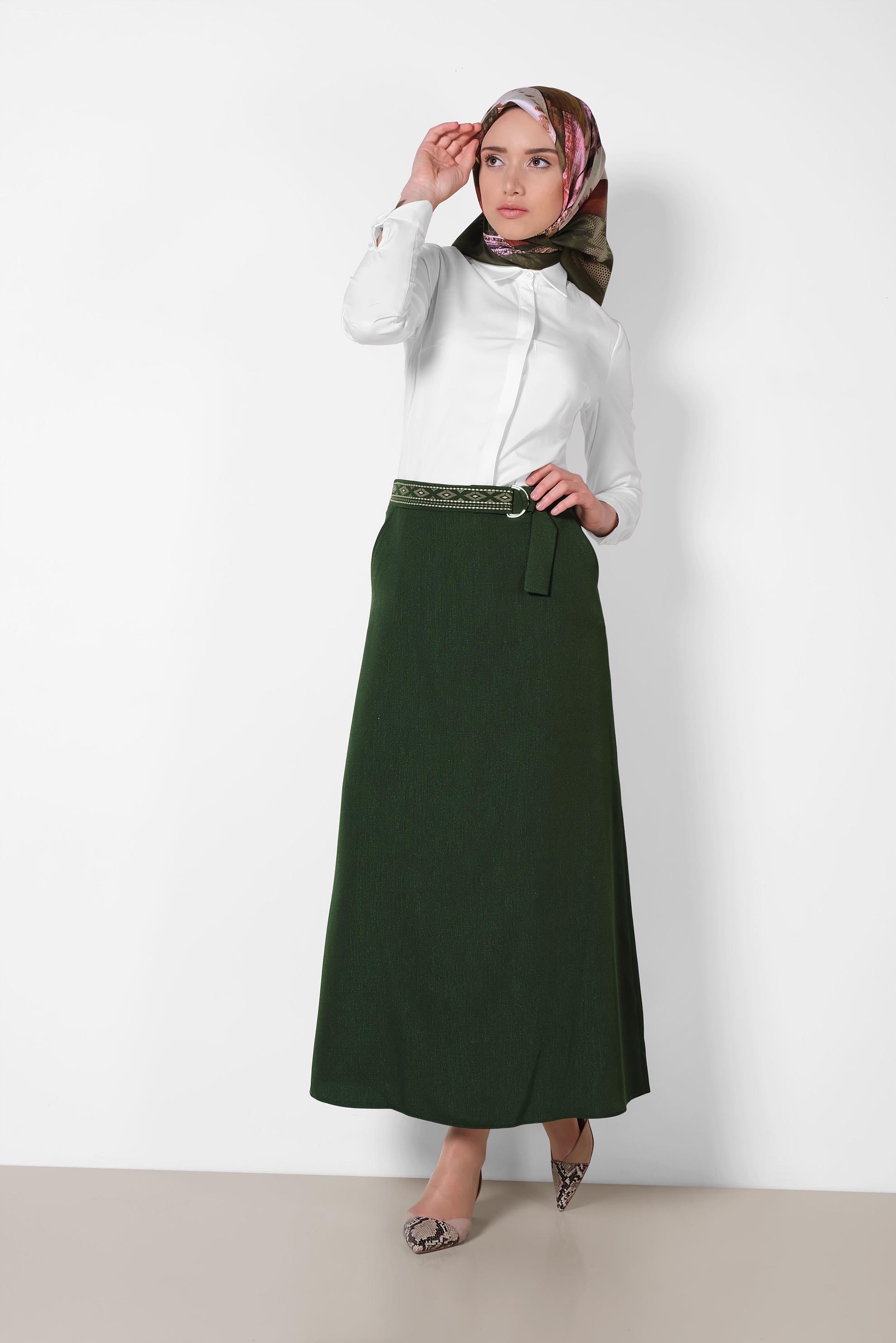 Tesettür giyim HAKİ KEMERİ İŞLEMELİ A KESİM ETEK 6370
