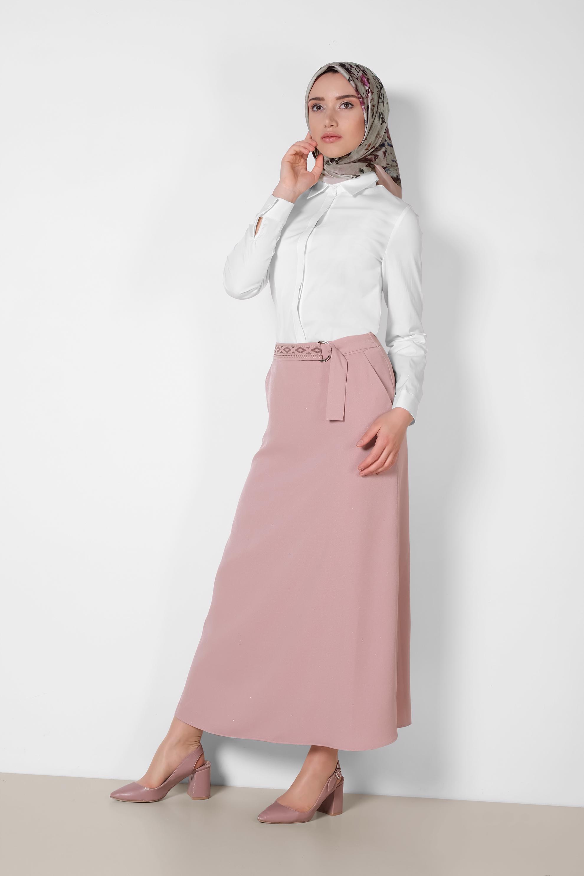 Tesettür giyim PUDRA KEMERİ İŞLEMELİ A KESİM ETEK 6370