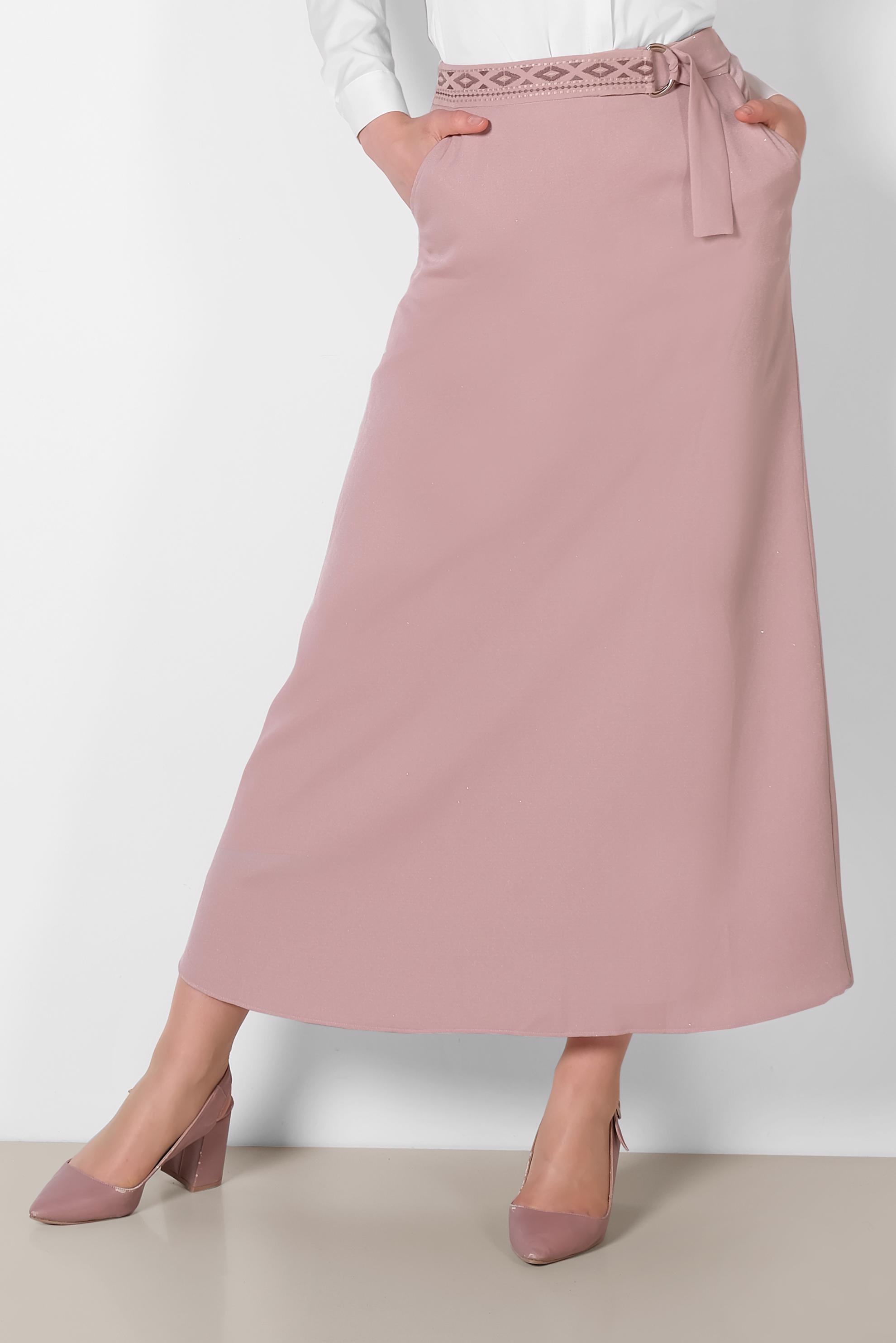 Tesettür giyim PUDRA KEMERİ İŞLEMELİ A KESİM ETEK 6370