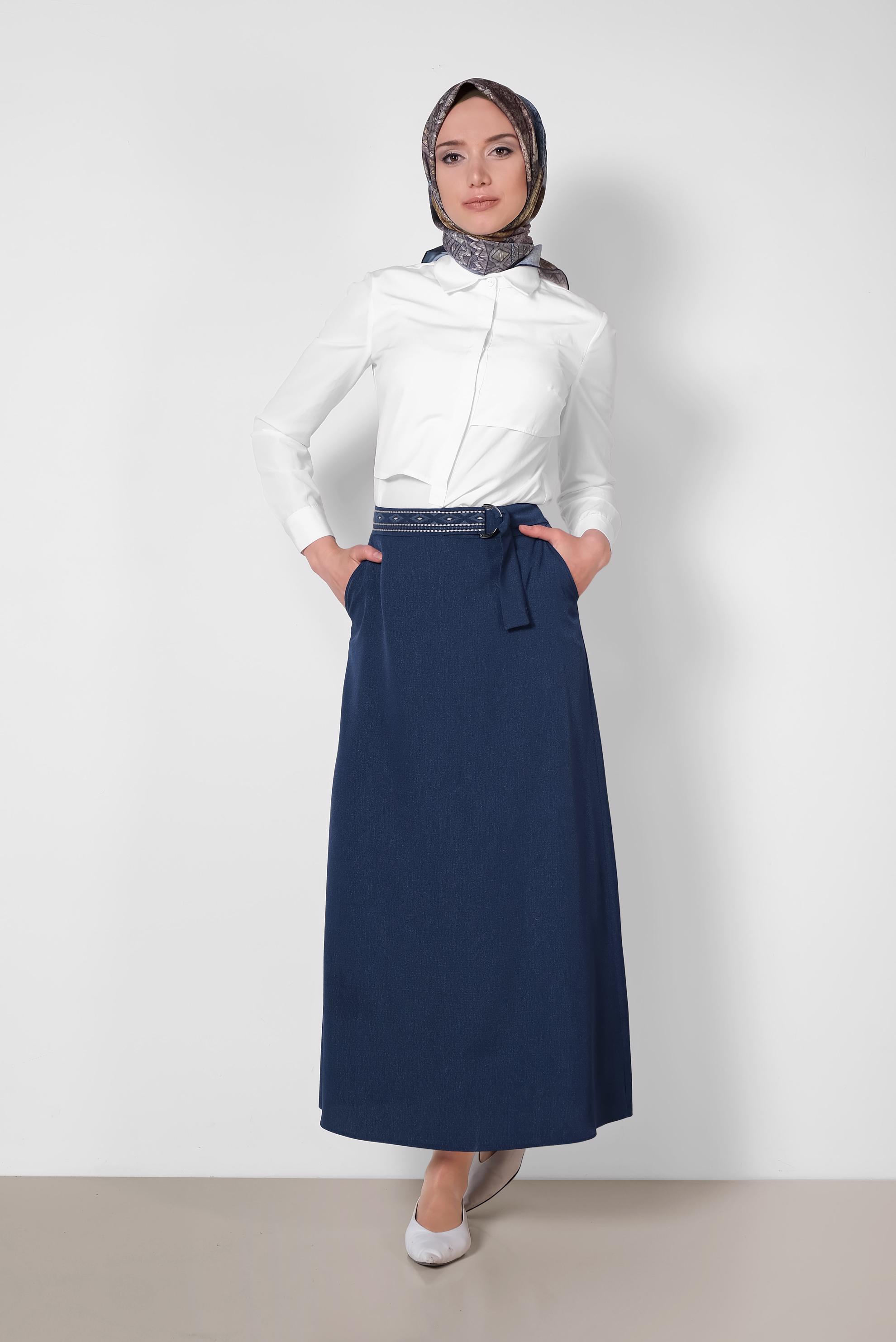 Tesettür giyim LACİVERT KEMERİ İŞLEMELİ A KESİM ETEK 6370