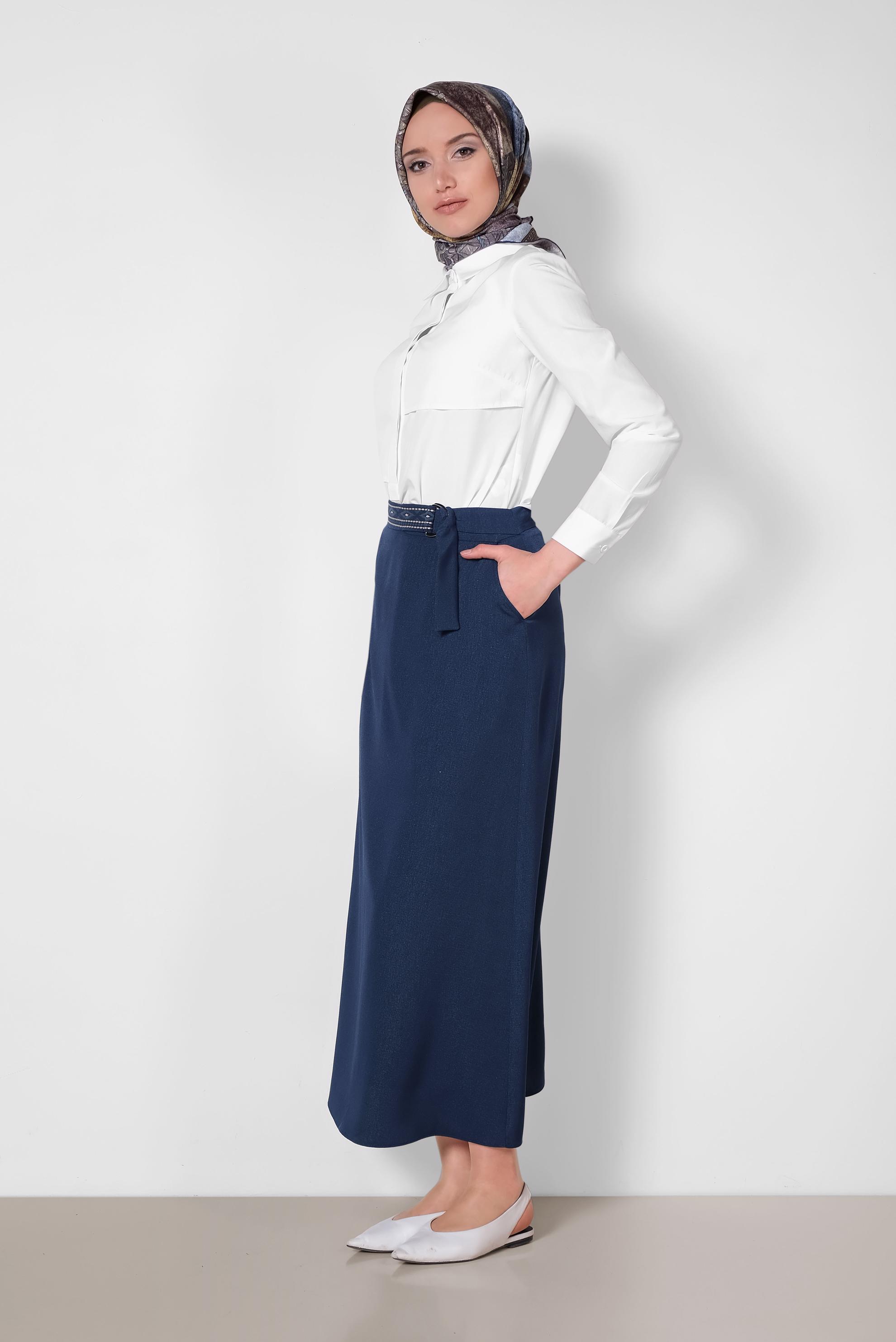 Tesettür giyim LACİVERT KEMERİ İŞLEMELİ A KESİM ETEK 6370
