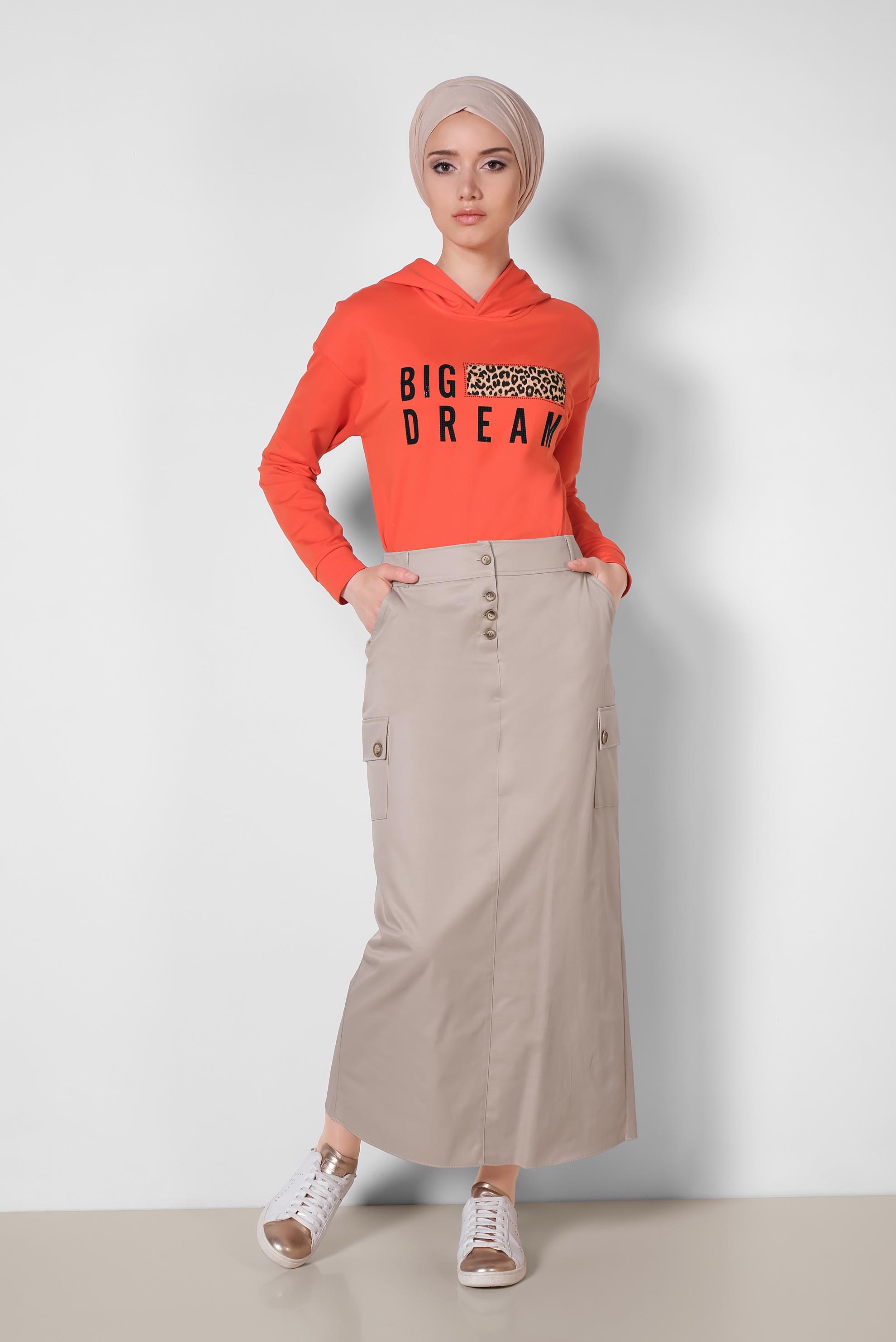 Tesettür giyim BEJ CEPLİ DÜĞME DETAYLI ETEK 6373	